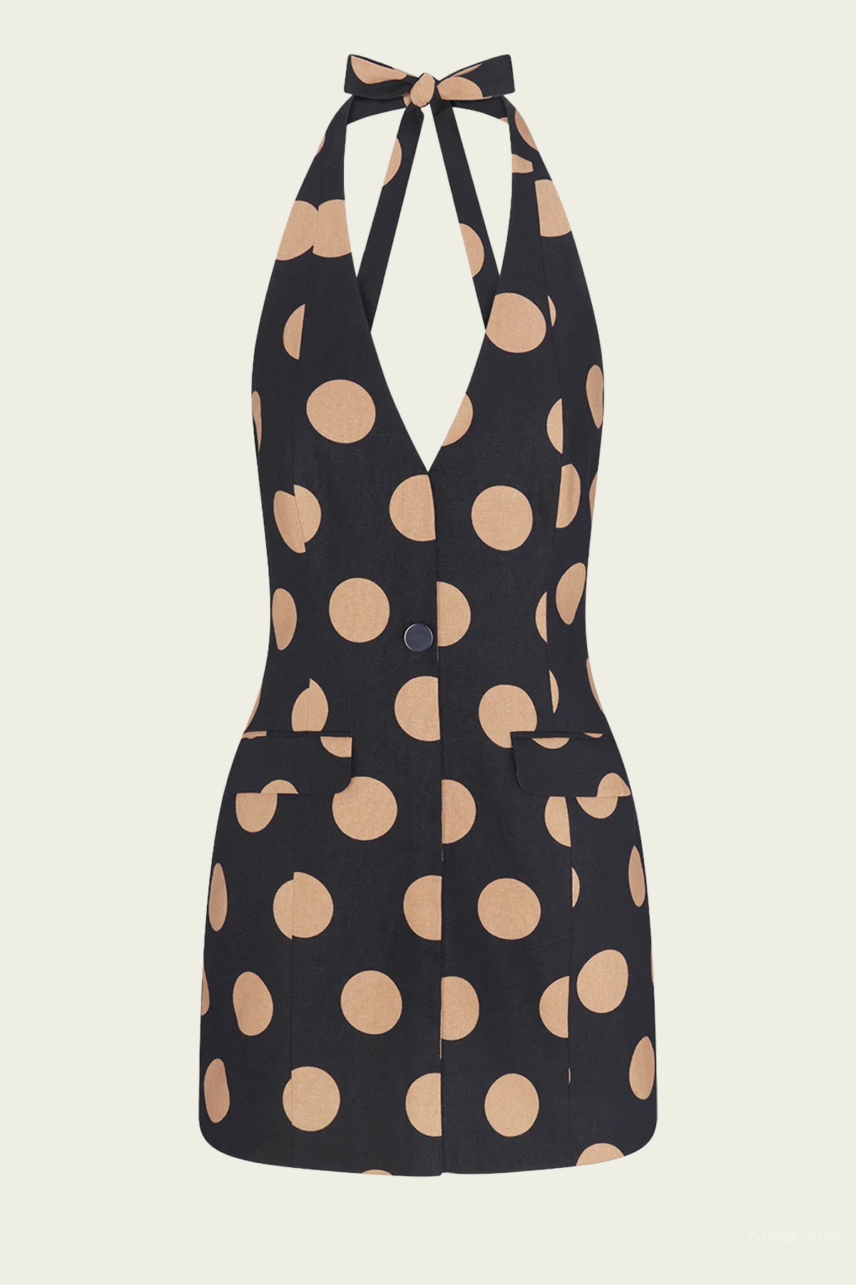 Kirra Linen Mini Dress in Black Tan Polka Dot