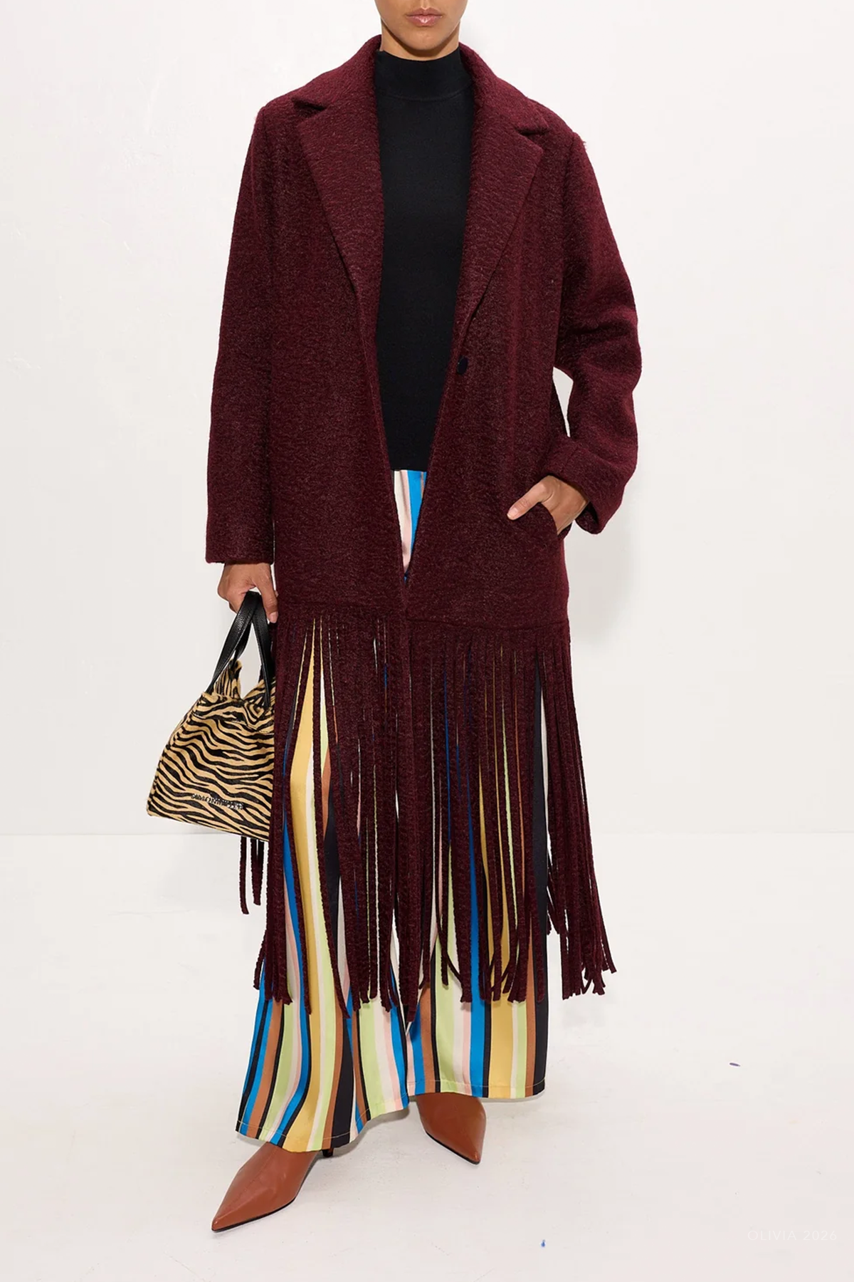 Vero Fringe Coat in Bordeaux