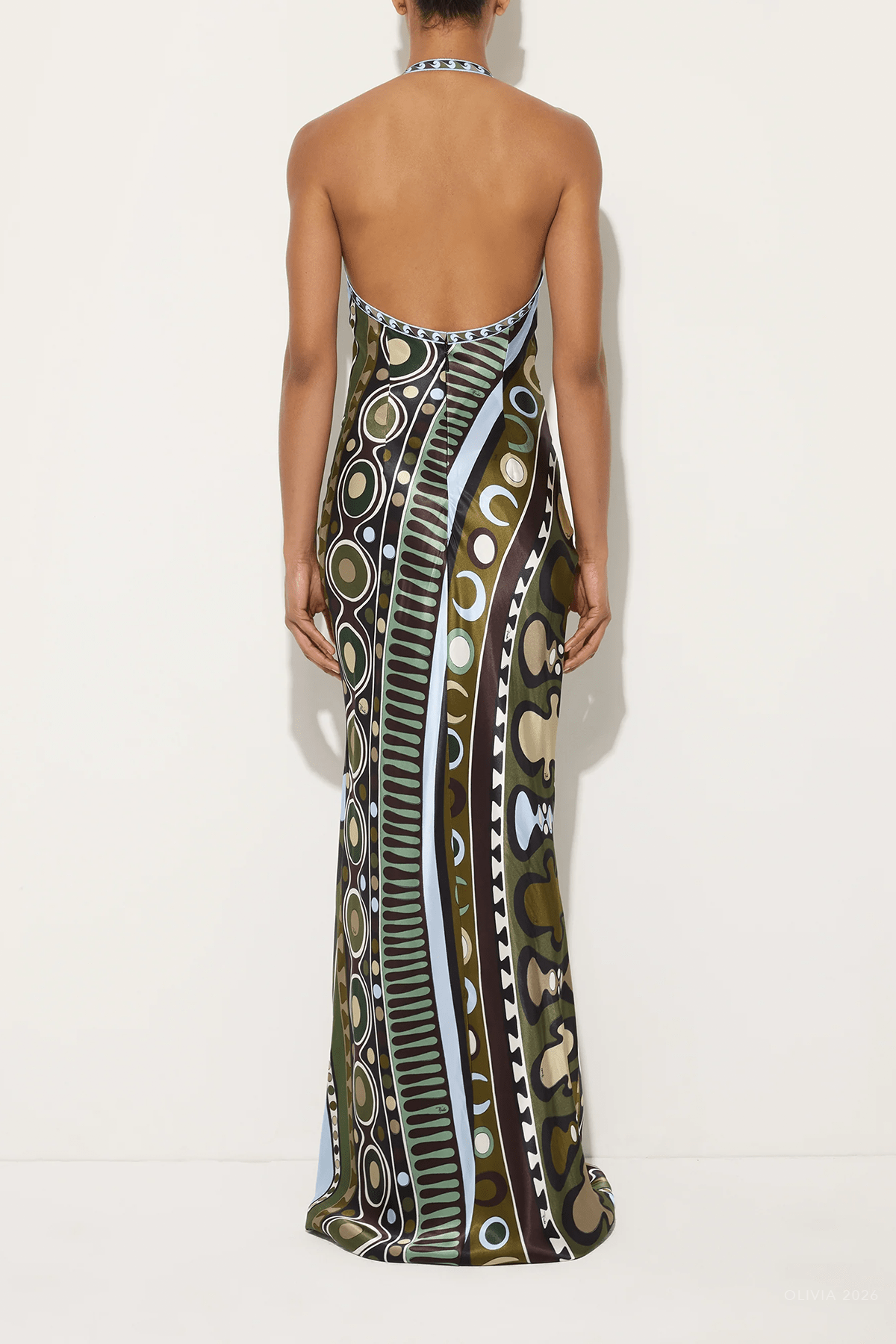 Soleil - Print Satin Dress in Khaki Blue - shop - olivia.com