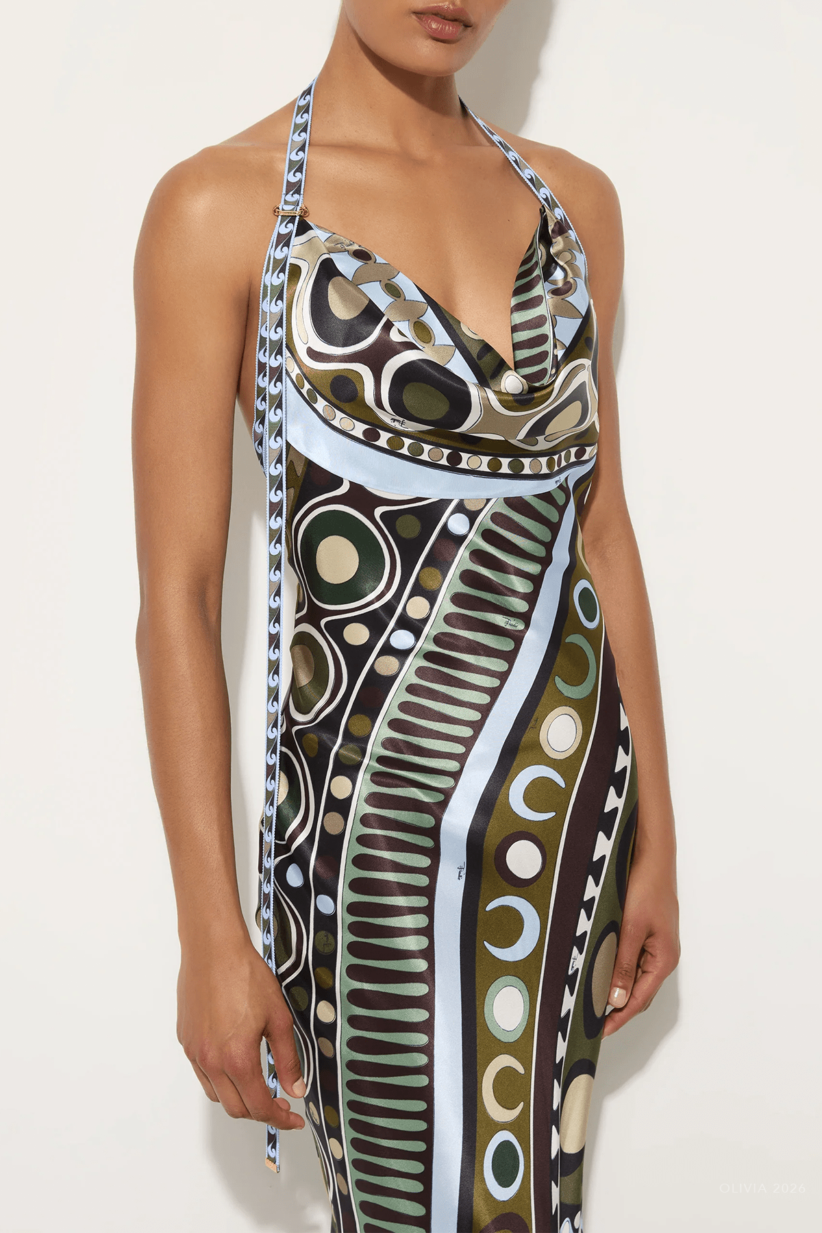Soleil - Print Satin Dress in Khaki Blue - shop - olivia.com