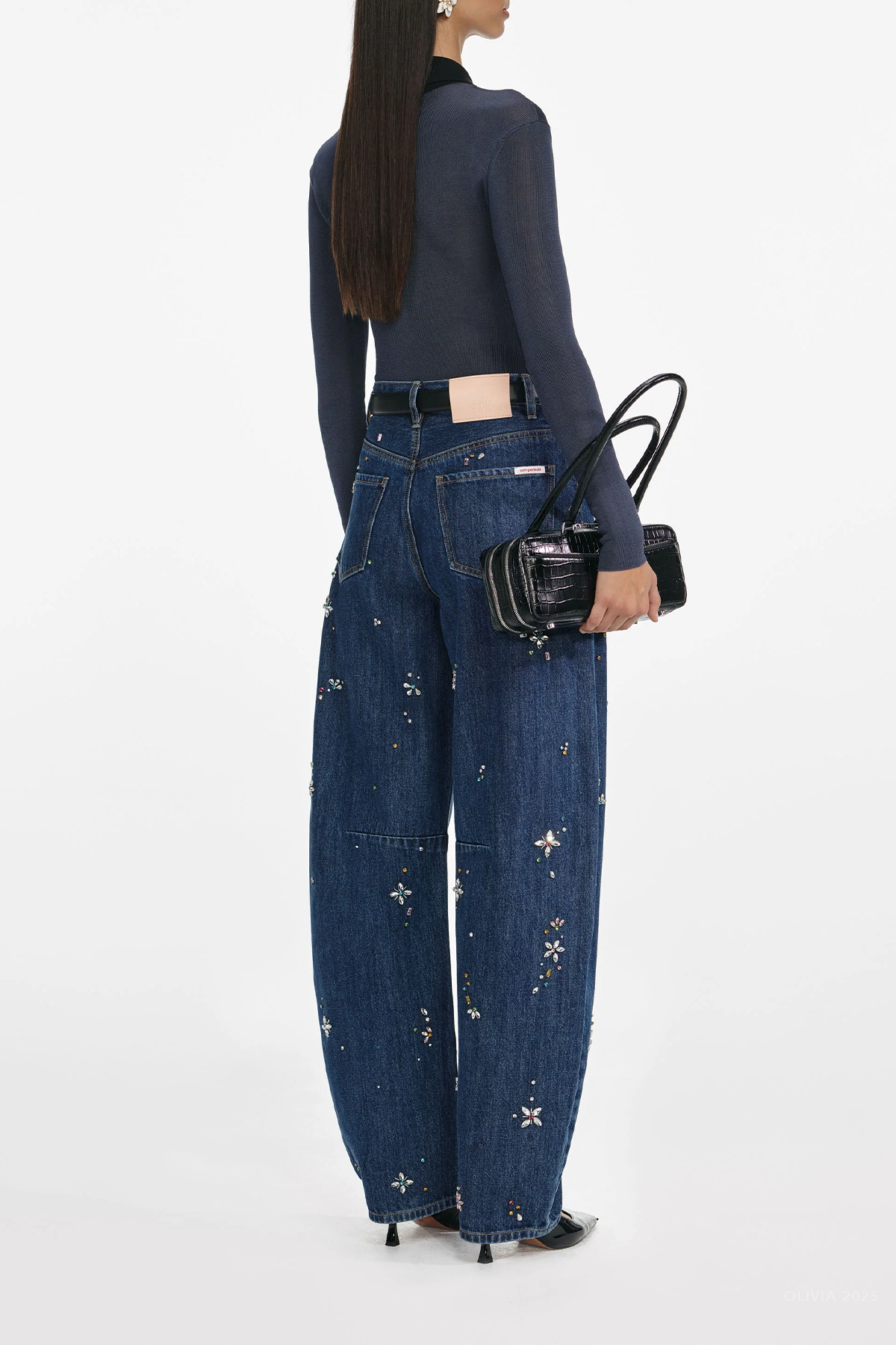 Blue Embellished Barrel Leg Jeans