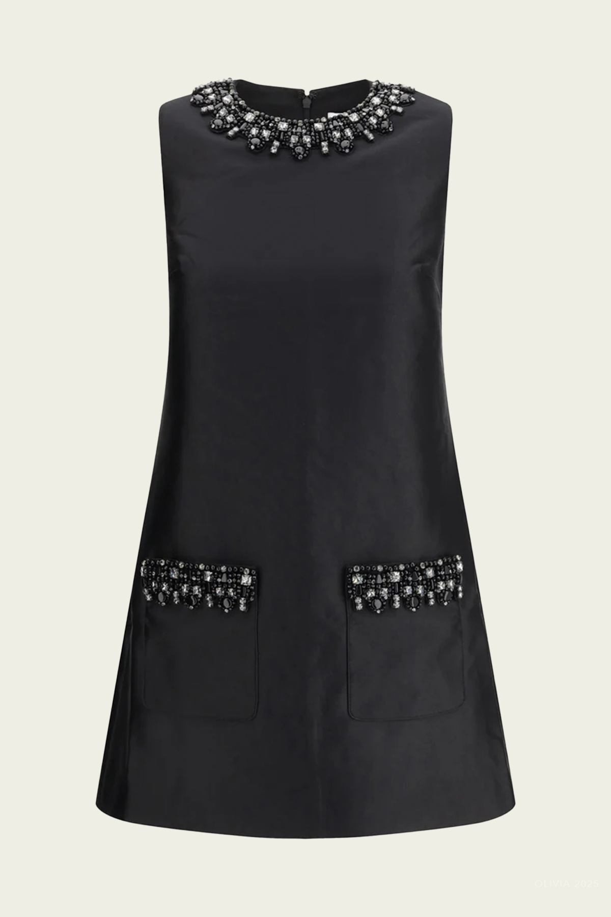 Black Taffeta Embellished Trim Mini Dress