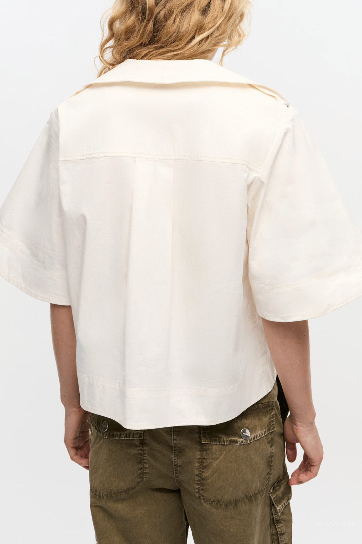 Stretch Cotton Cowl - Neck Blouse in Egret - shop - olivia.com