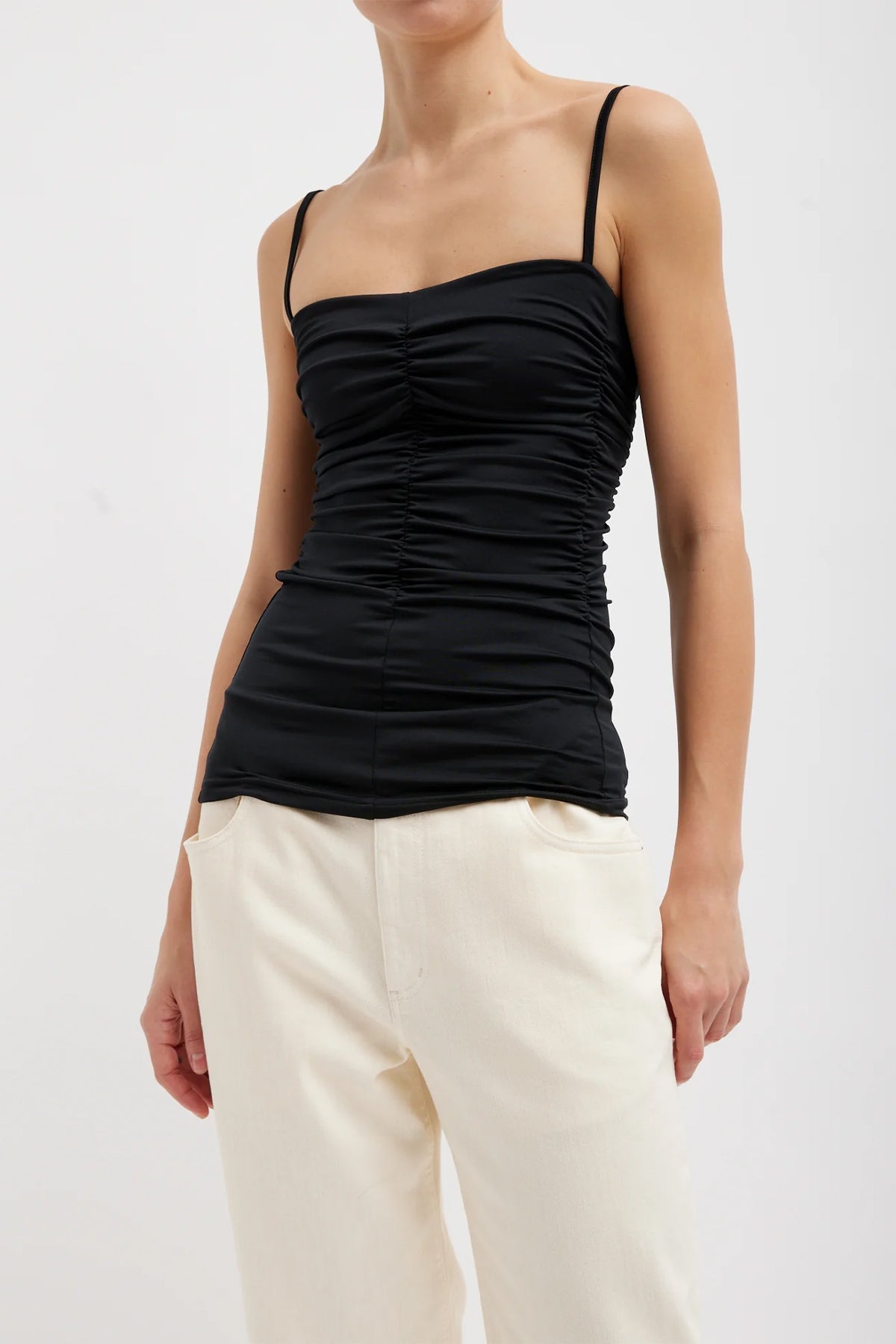 Stretch Light Weight Tech Knit Shirred Cami in Black - shop-olivia.com