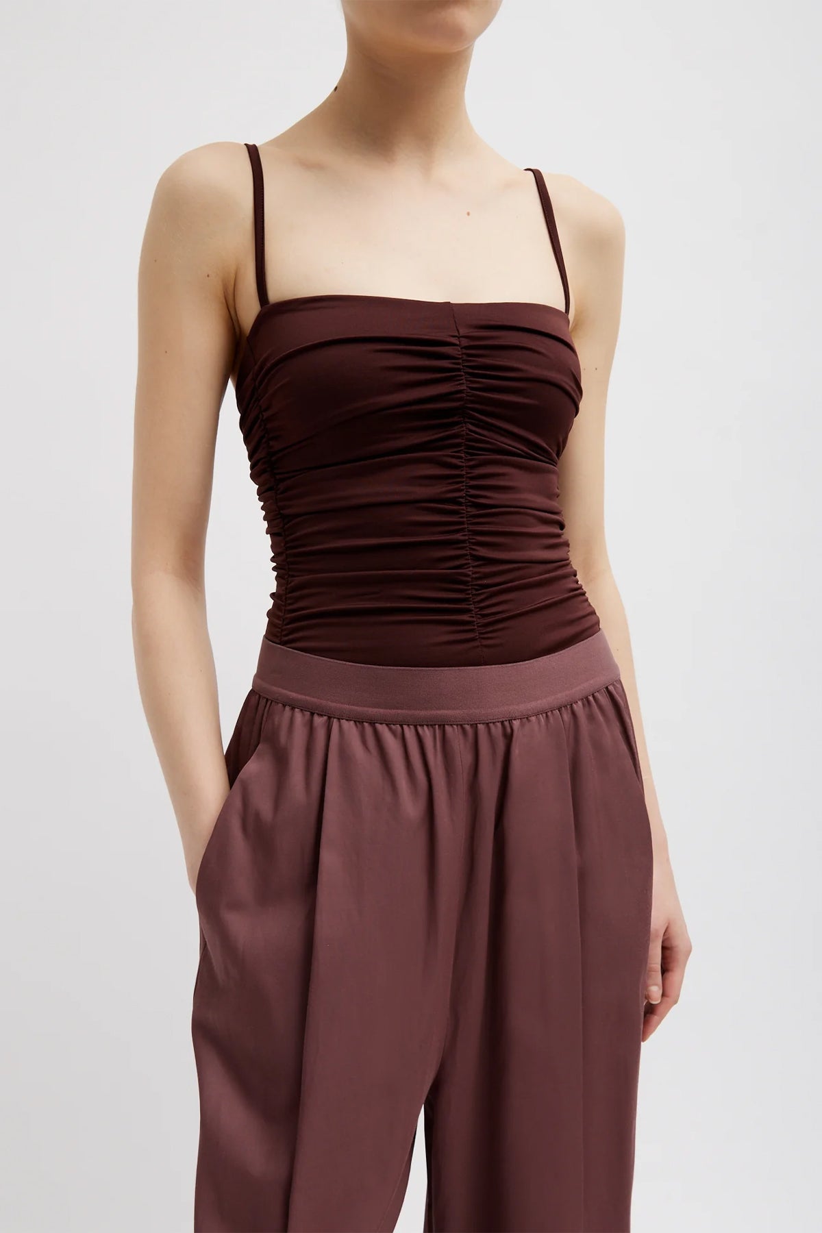 Stretch Light Weight Tech Knit Shirred Cami in Brown - shop-olivia.com