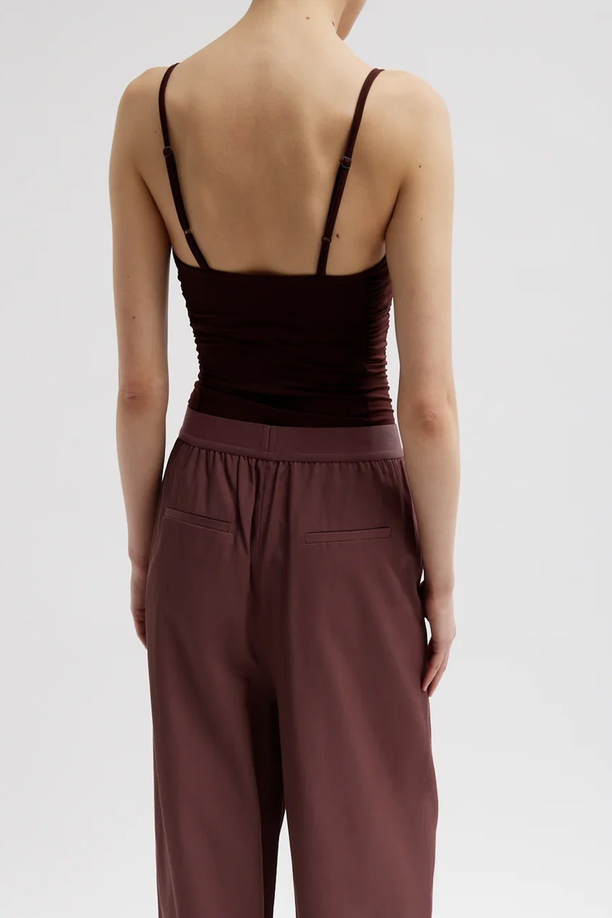 Stretch Light Weight Tech Knit Shirred Cami in Brown - shop-olivia.com