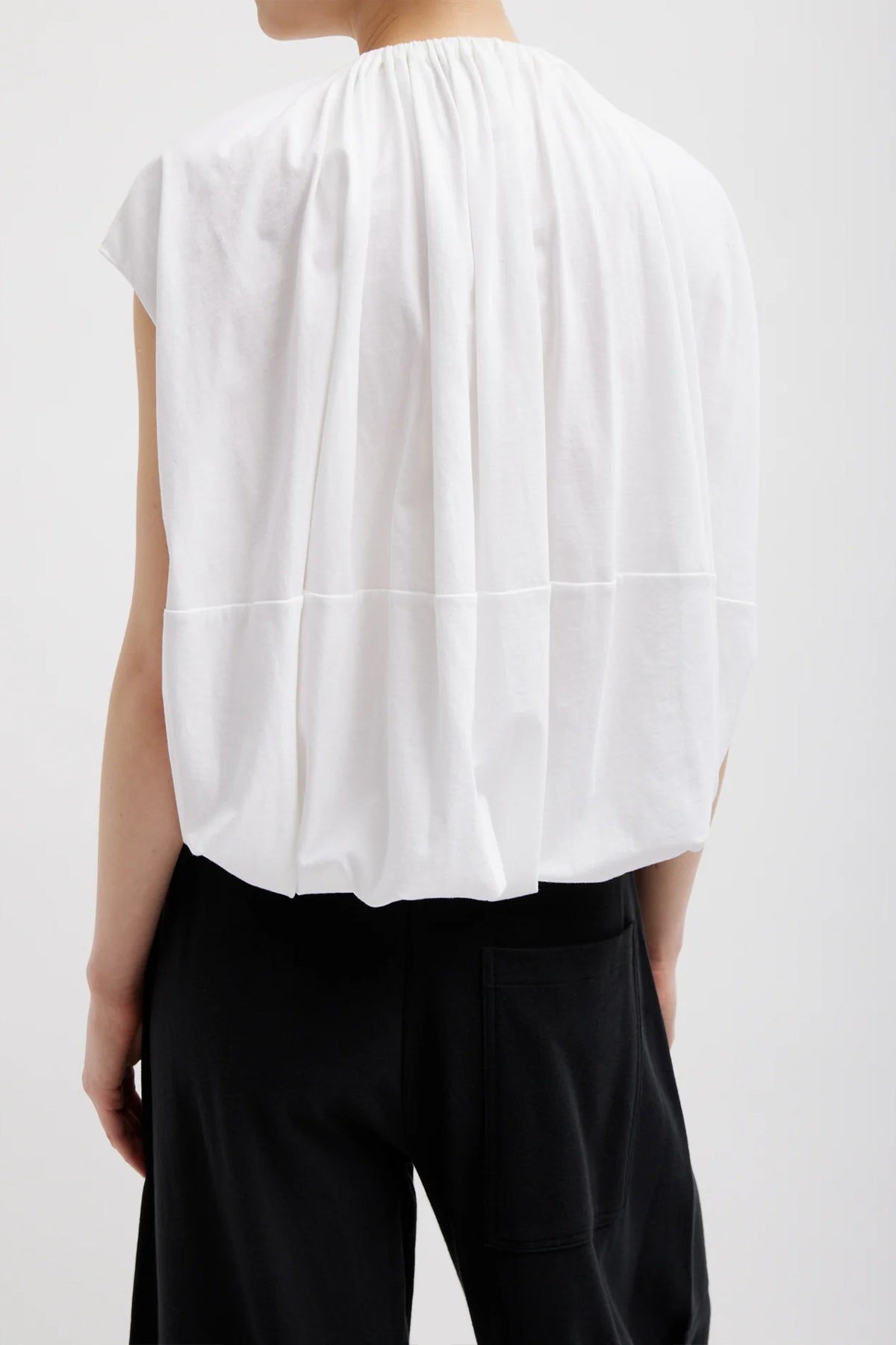 T-Shirting Shirred Neck Circular Top in White - shop-olivia.com