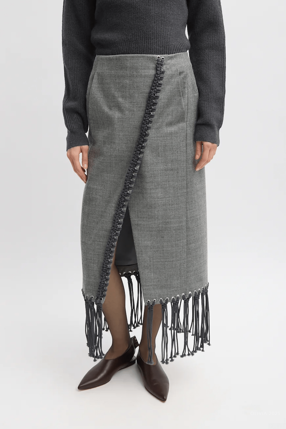 Techy Bonded Wool Crochet Trim Skirt in Grey - shop - olivia.com