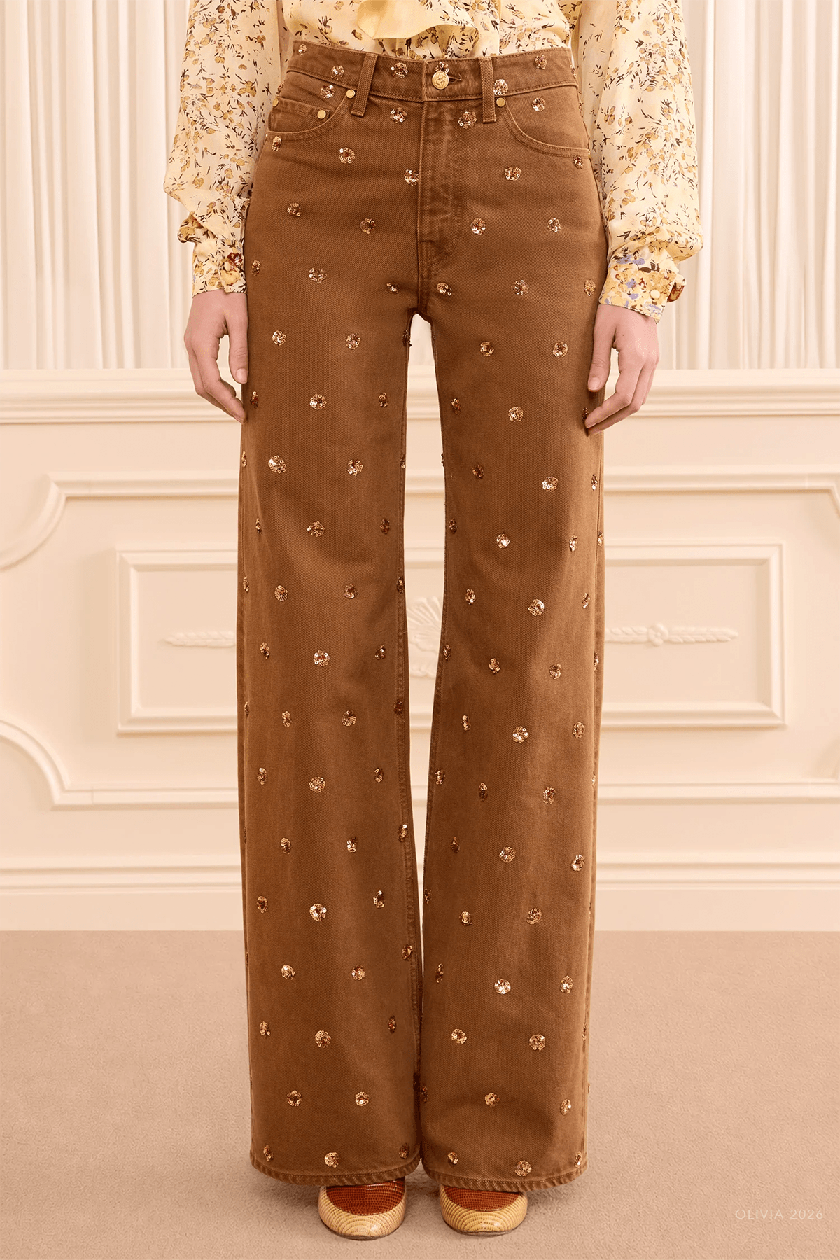 The Willow Embellished Wide Leg Jean in Umber - shop-olivia.com