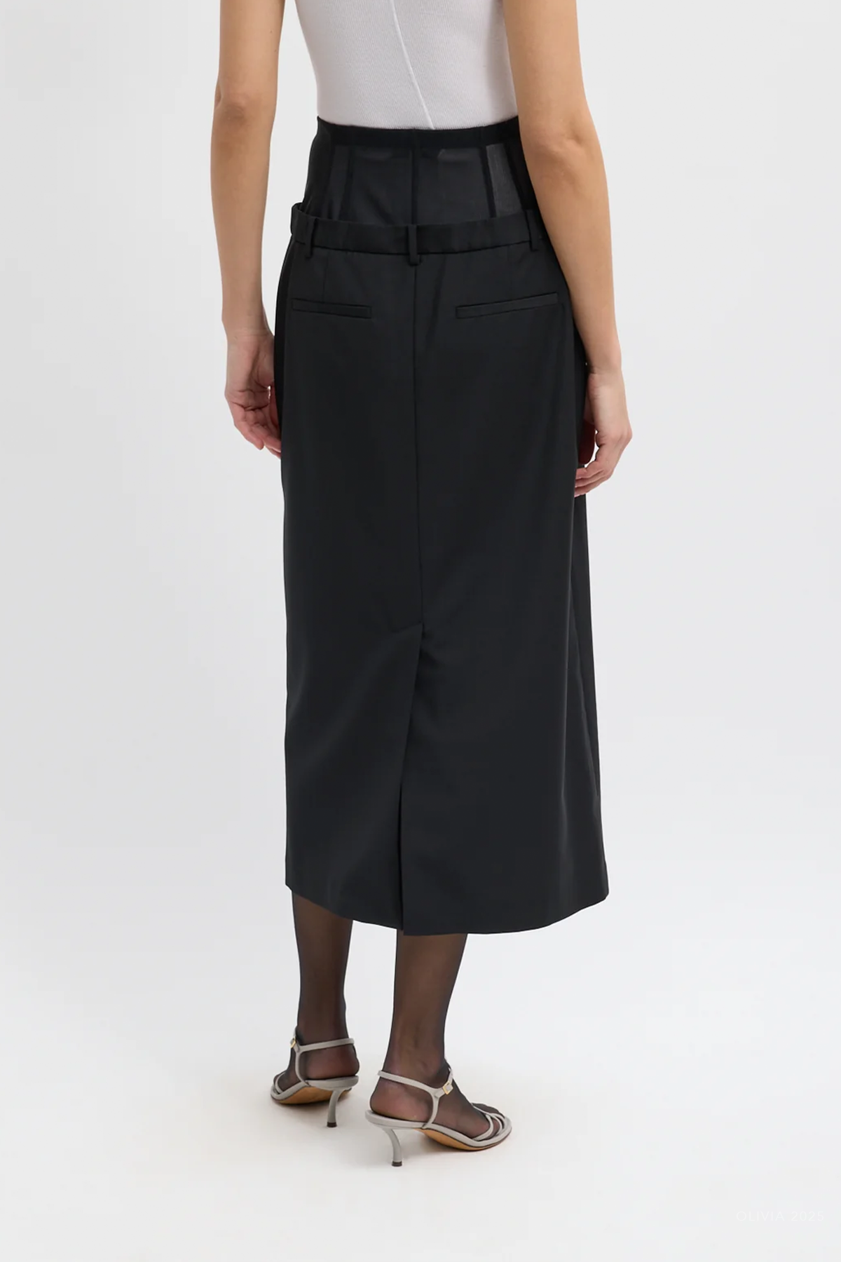 Recycled Tropical Wool Corset Maxi Trouser Skirt in Black