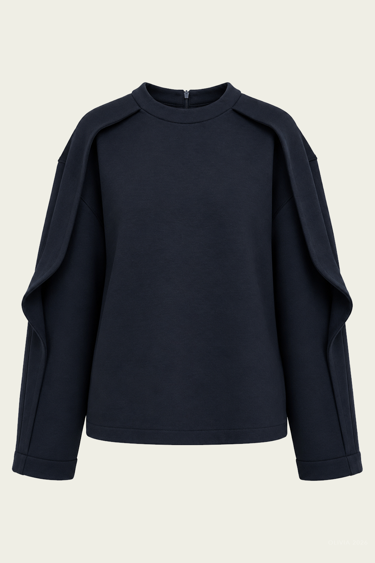 Bonded Viscose Crewneck with Folded Panel in Navy