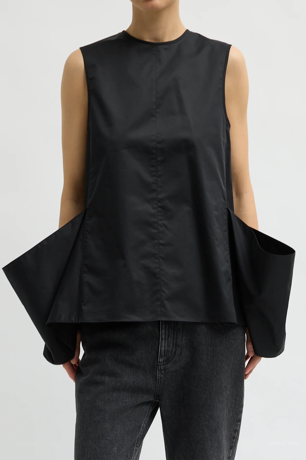 Eco Poplin Side Drape Top in Black