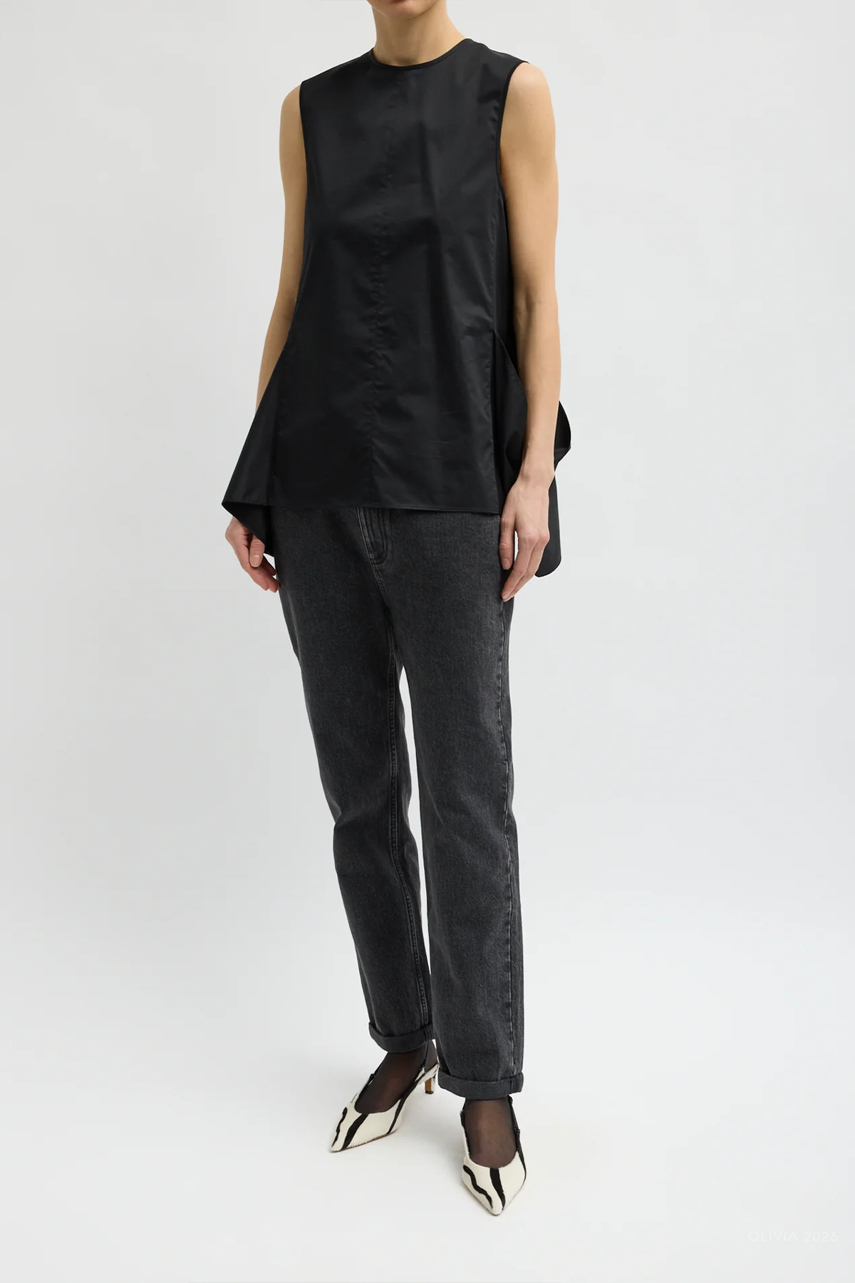 Eco Poplin Side Drape Top in Black