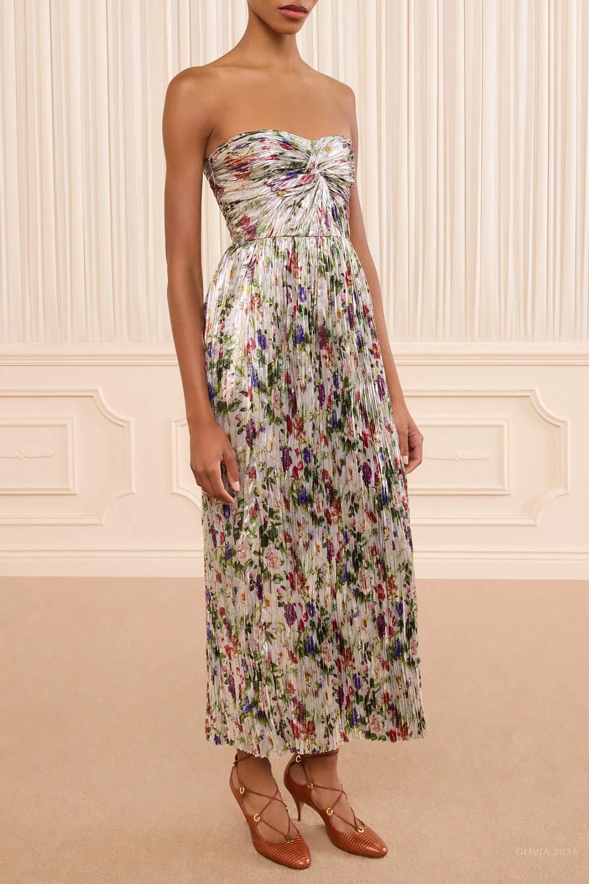 Adelaide Strapless Pleated Dress in Sterling Floral