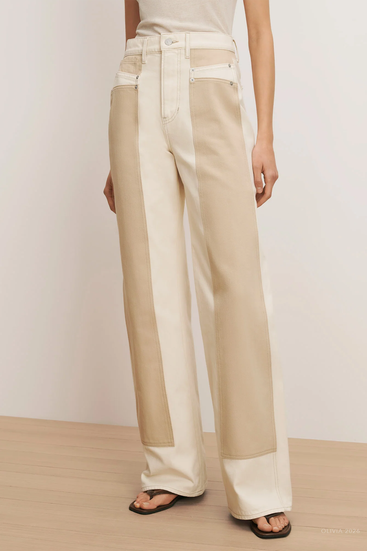 Taylor Color-Block Wide-Leg Jean in Ecru Stone Khaki
