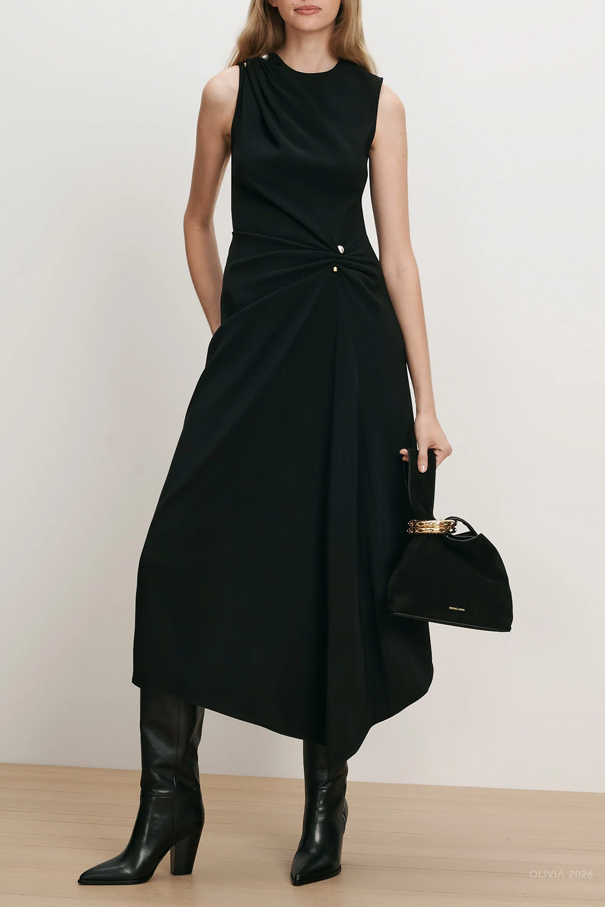 Freja Brooch Midi Dress in Black