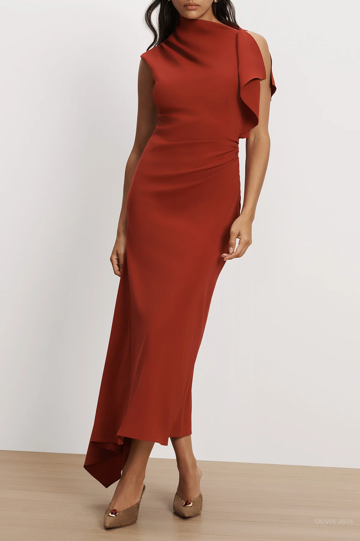 Brett Asymmetric Midi Dress in Cardinal Red