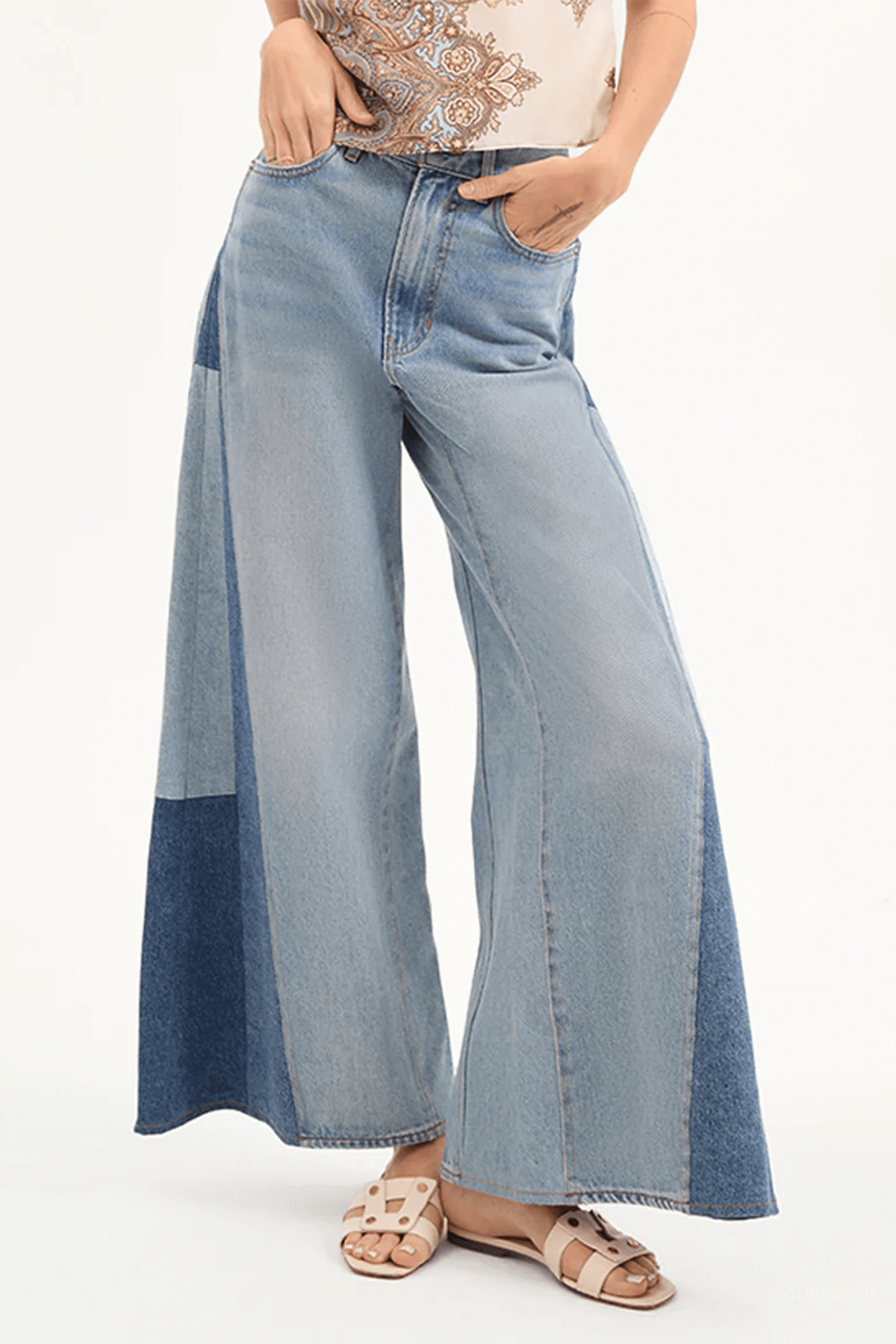 Vicki Patchwork Wide - Leg Jean in Wanderer Undone - shop - olivia.com