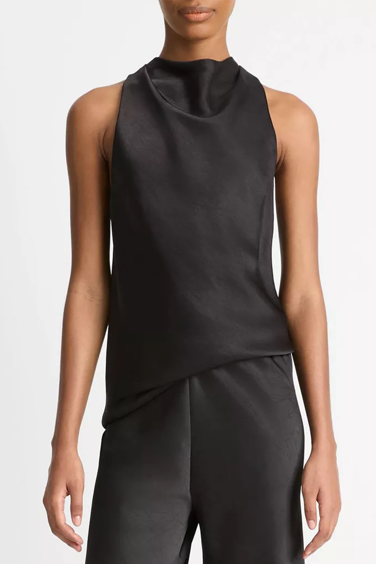 Satin Cowl-Neck Bias Top in Black