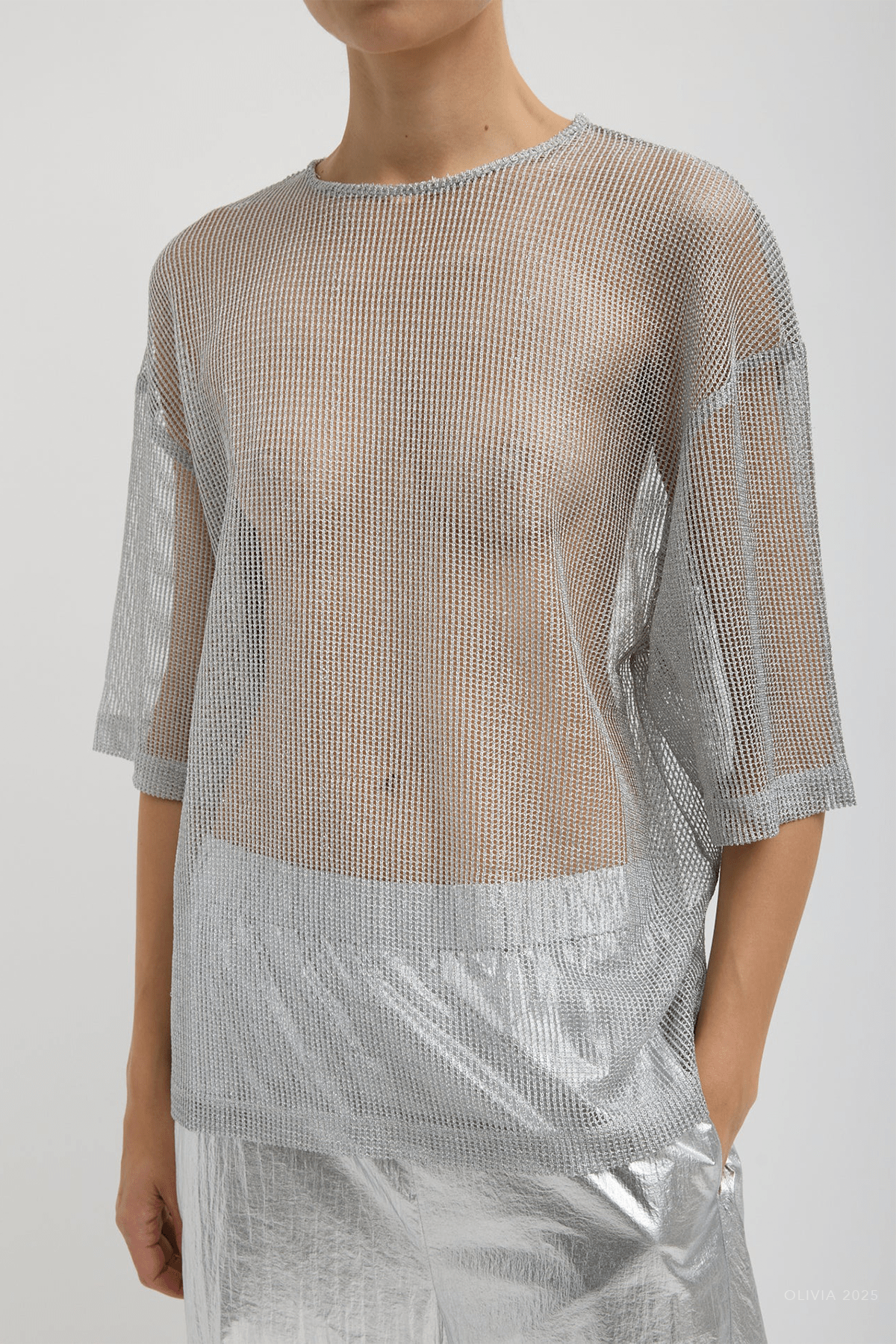 Viscose Metallic Mesh Easy T-Shirt in Silver - shop - olivia.com