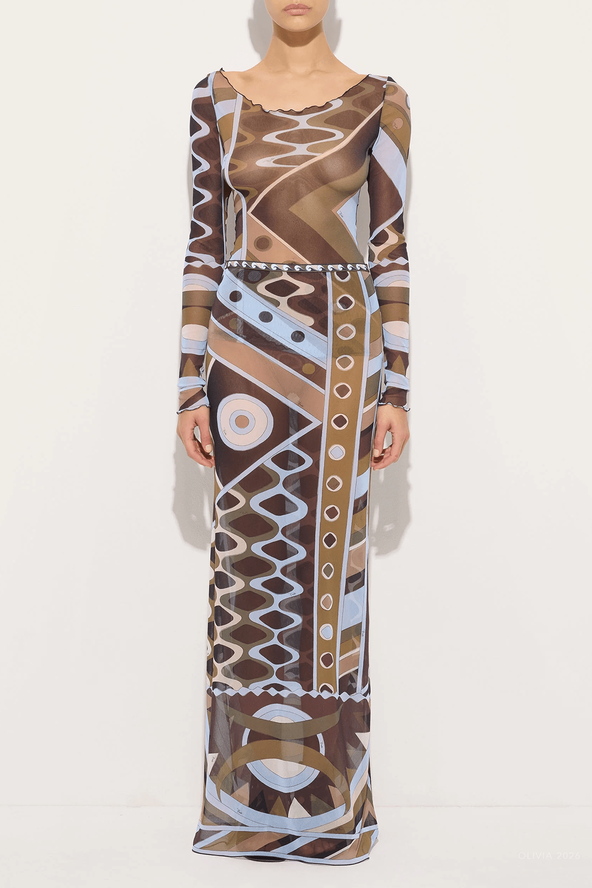 Vivara - Print Long - Sleeve Tulle Top in Khaki Blue - shop - olivia.com