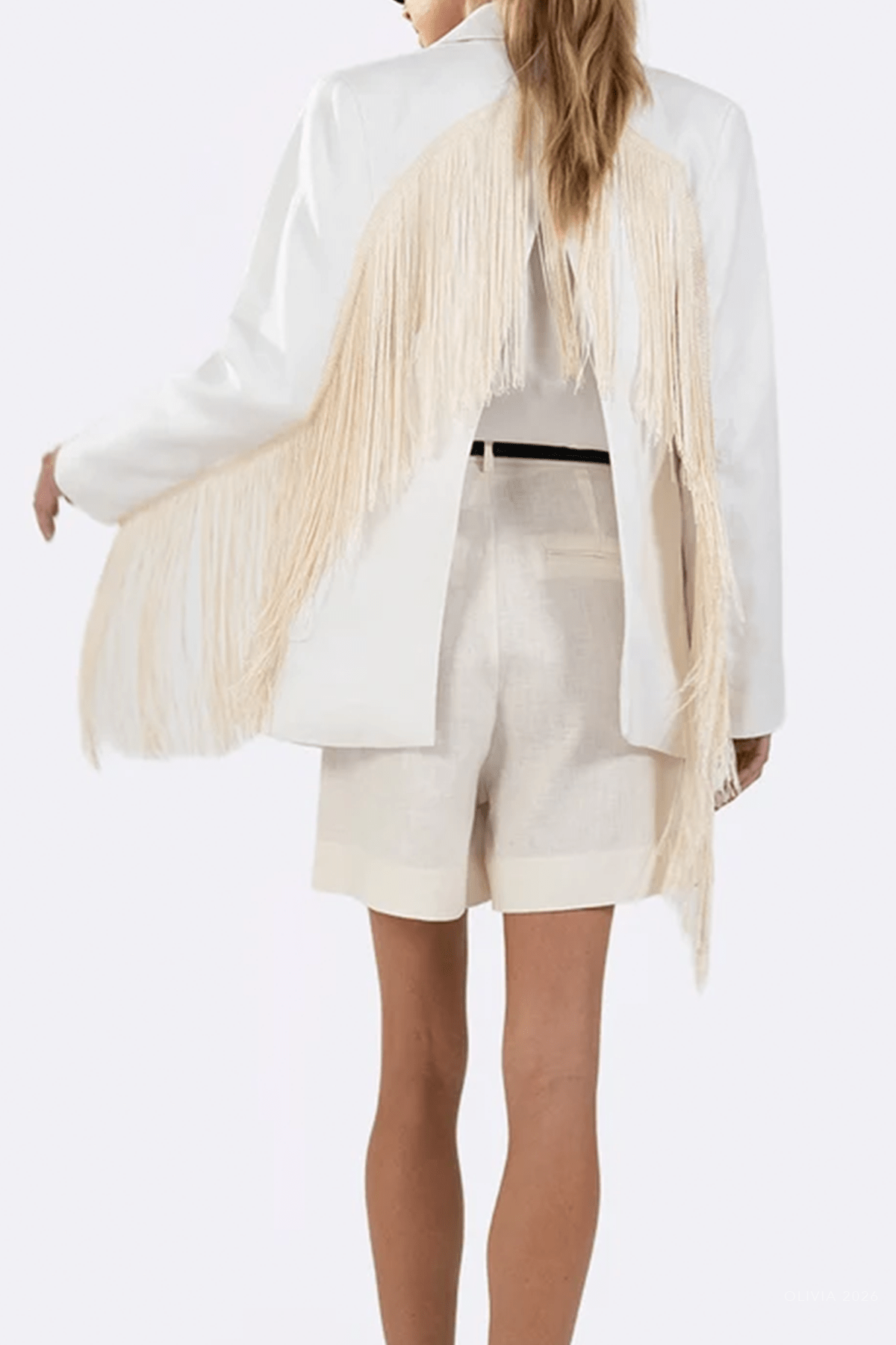 Vivienne Linen Fringe Blazer in White - shop-olivia.com