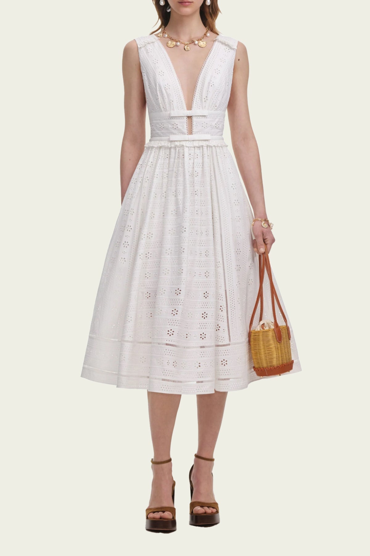White Cotton Broderie Midi Dress - shop - olivia.com
