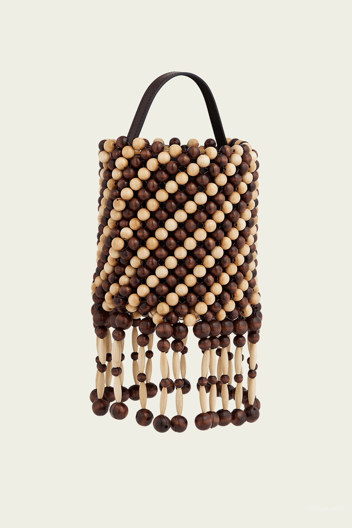 Wood Beaded Bucket Bag in Brown Gold - shop-olivia.com