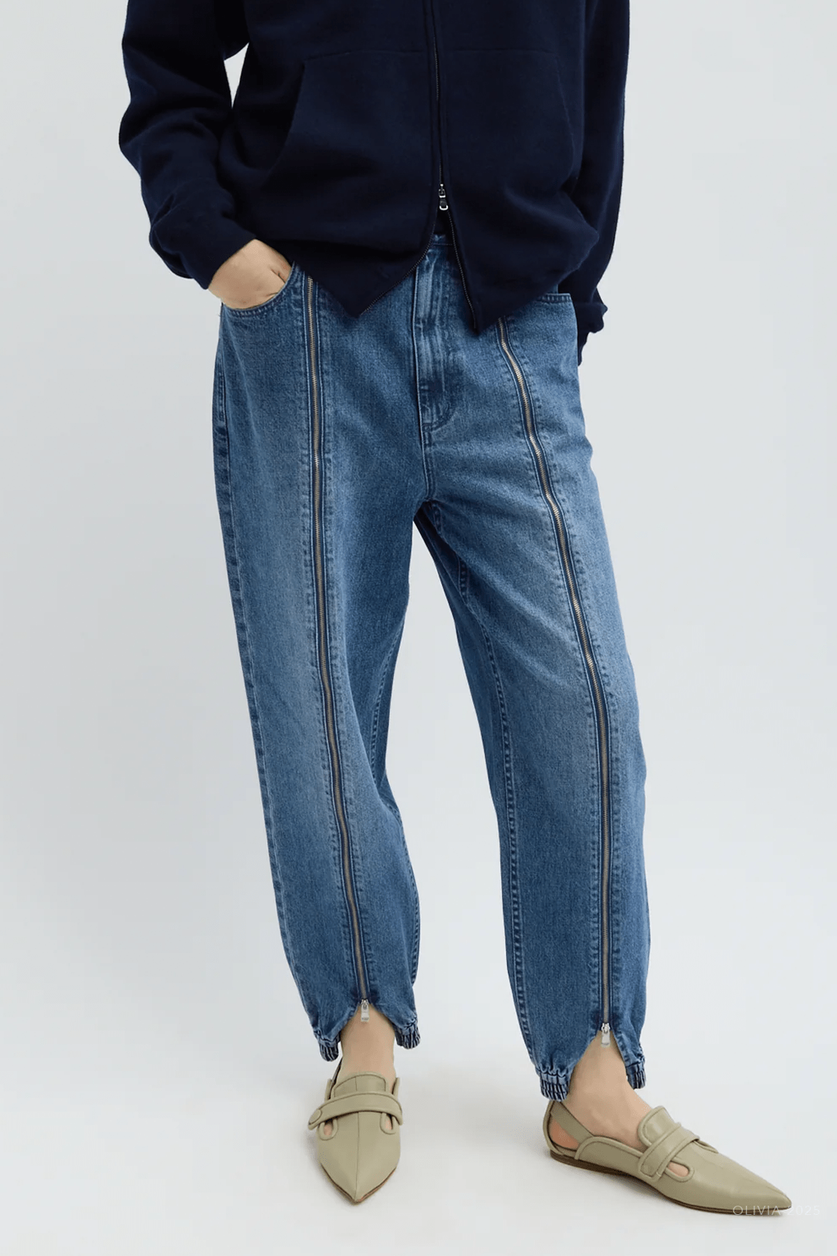 Zippered Denim Jogger in Classic Blue - shop - olivia.com