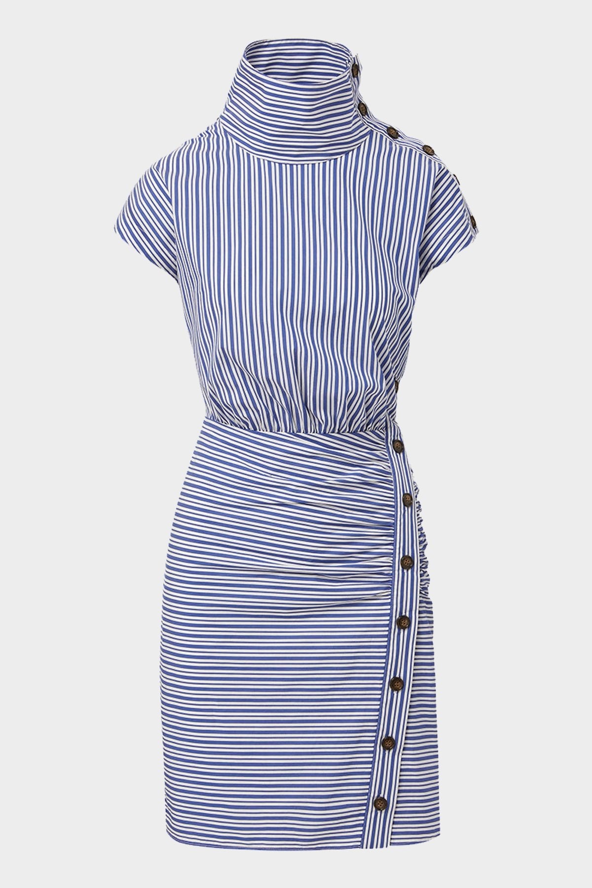 Arabel Striped Poplin Asymmetric Dress in Classic Blue Off White - shop-olivia.com