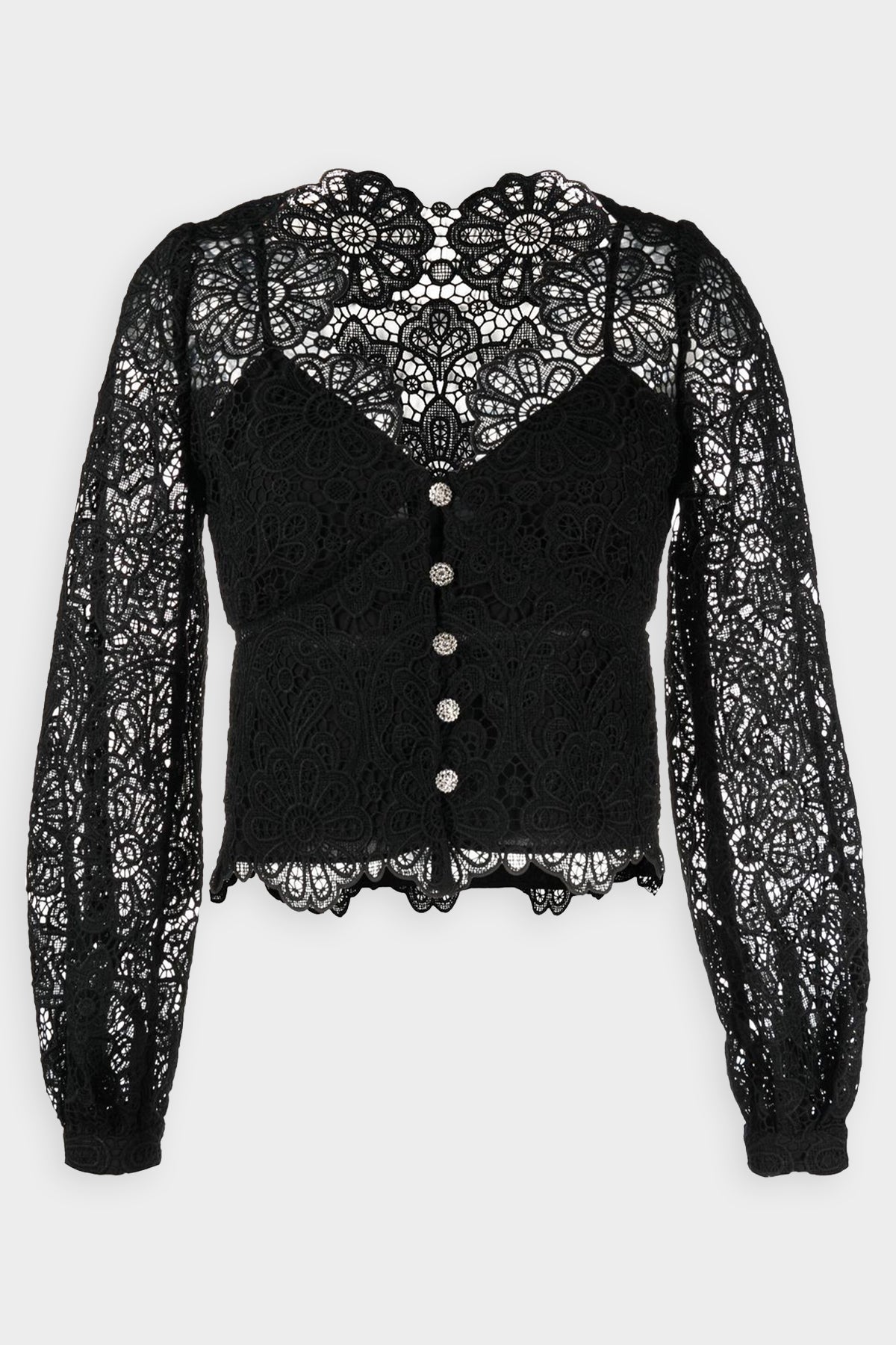 Black Floral Guipure Puff Sleeve Blouse - shop-olivia.com