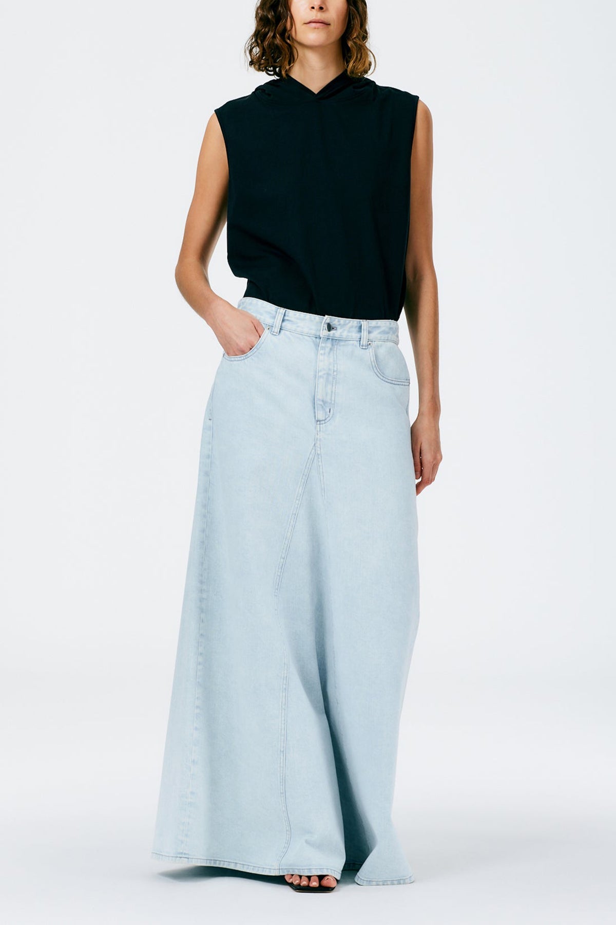 Bleached Denim Godet Maxi Skirt in Bleached Denim - shop-olivia.com