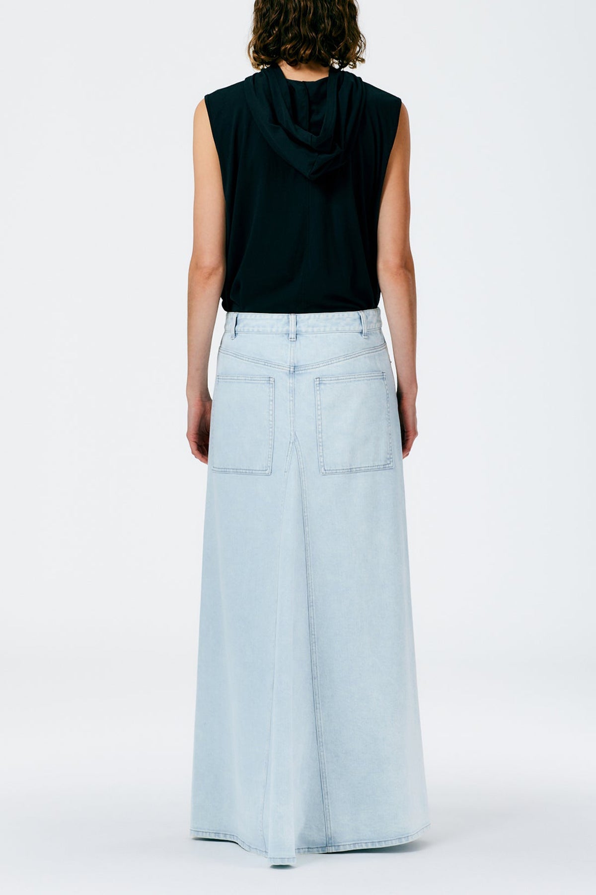 Bleached Denim Godet Maxi Skirt in Bleached Denim - shop-olivia.com