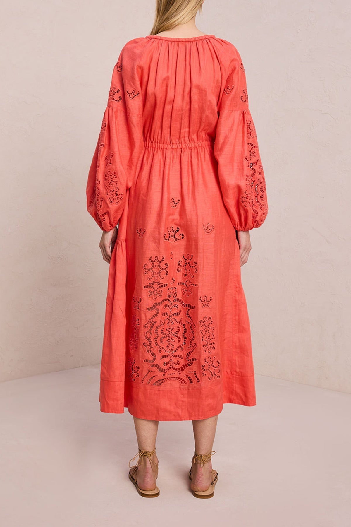 Capri Embroidered Linen Dress in Spiced Coral - shop-olivia.com