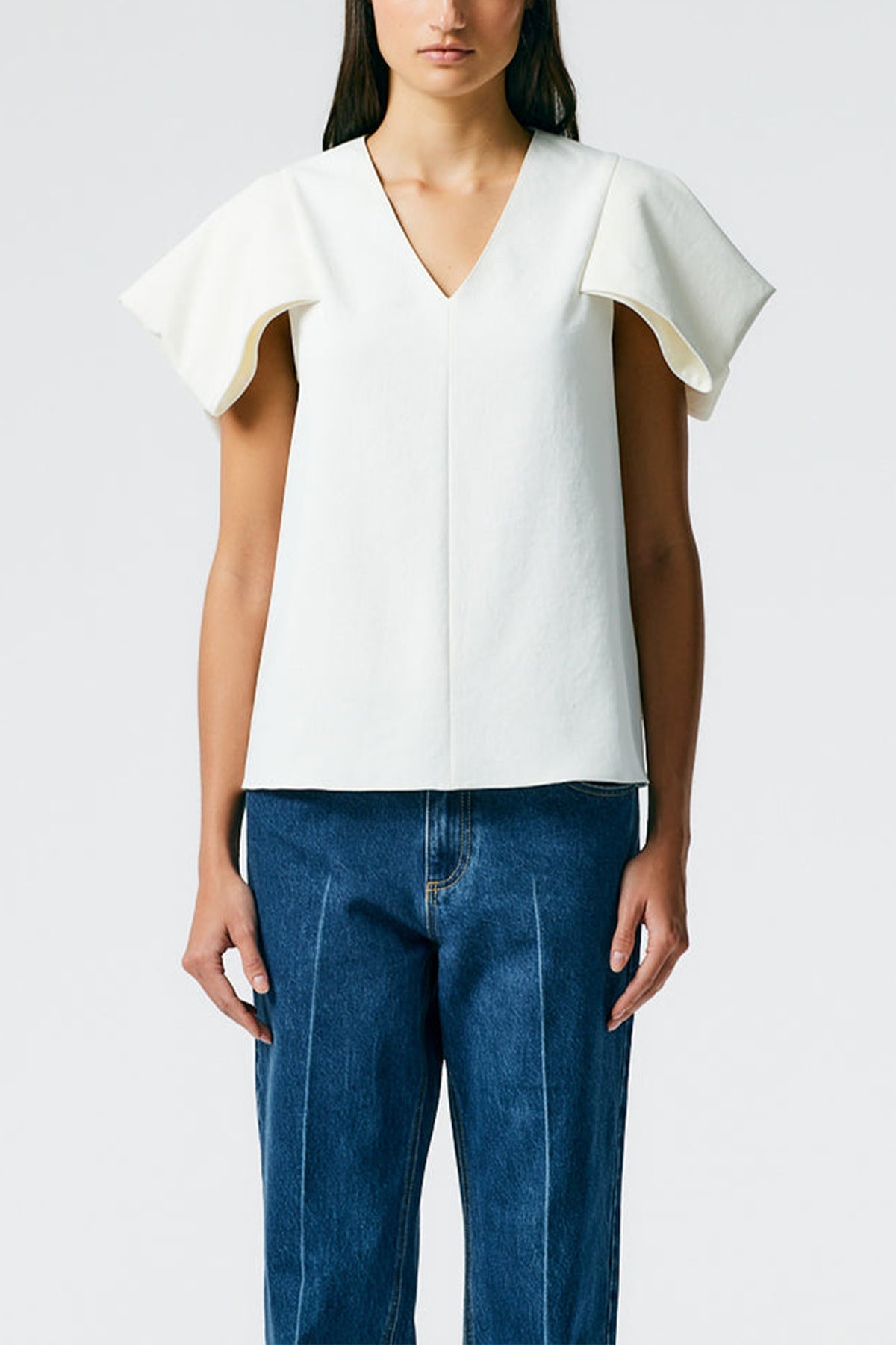 Chalky Drape V-Neck Top With Folded Sleeve in White - shop-olivia.com