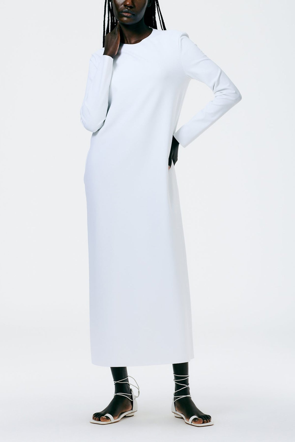 Compact Ultra Stretch Knit Long Sleeve Open Back Dress in White - shop-olivia.com