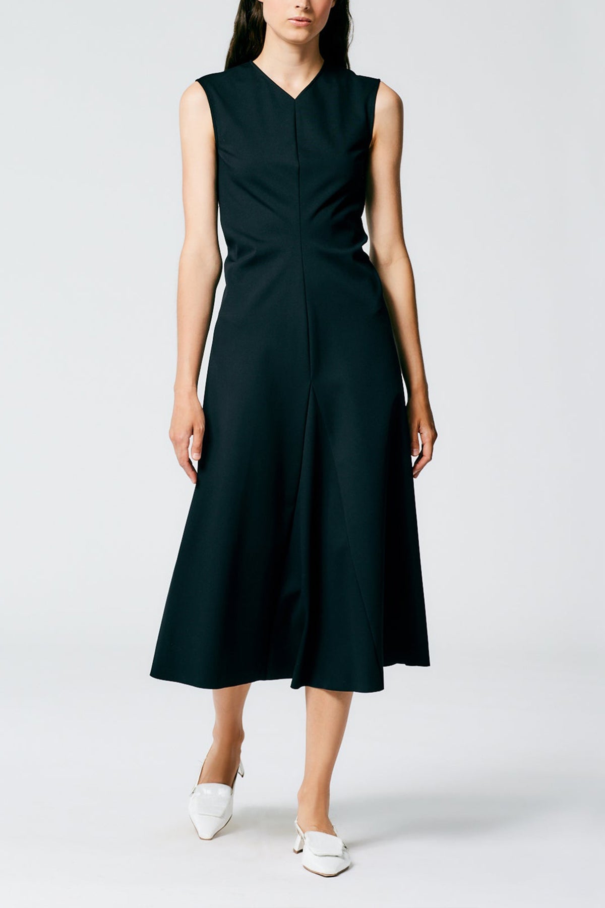 Compact Ultra Stretch Knit V-Neck Godet Dress in Black - shop-olivia.com