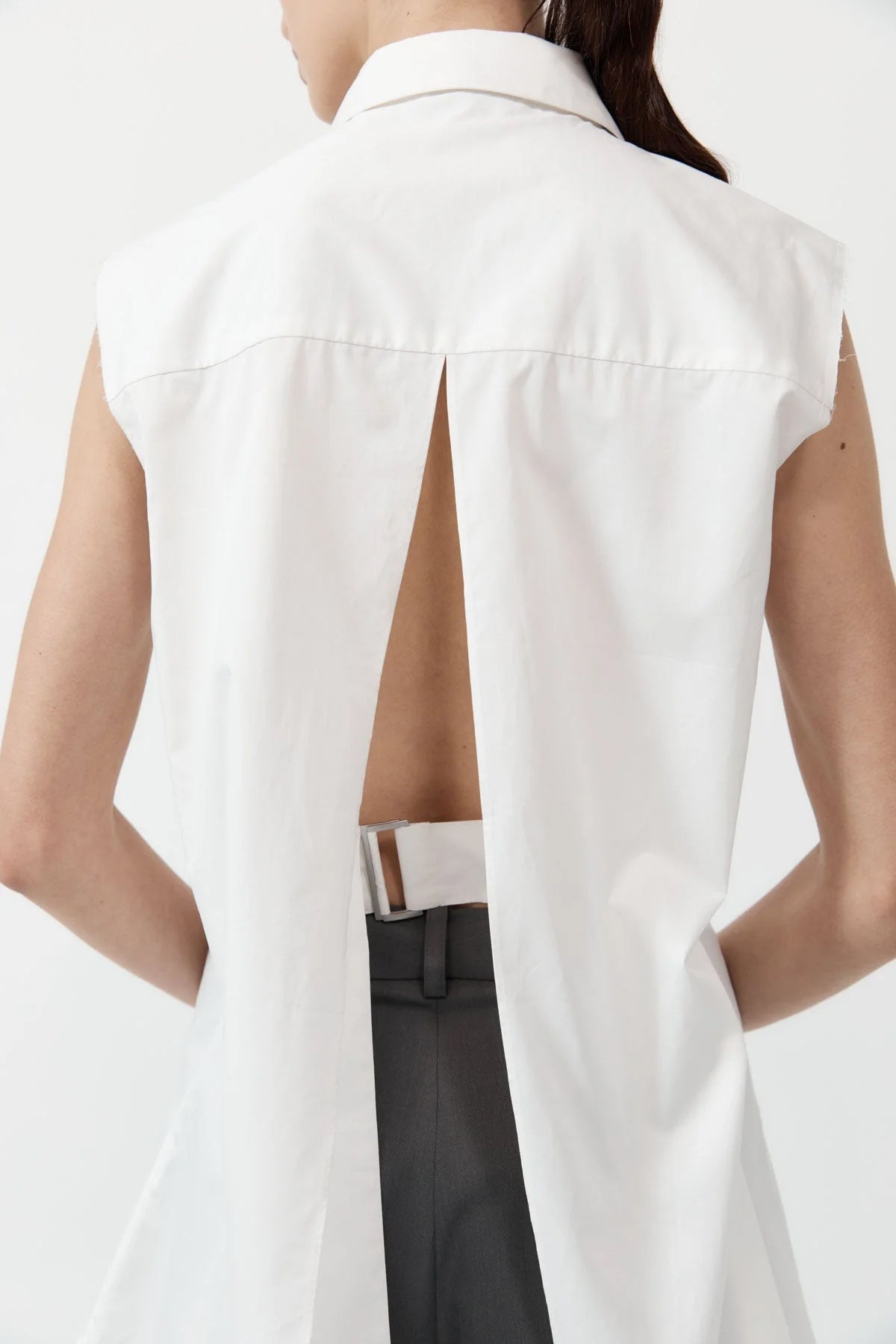 Cotton Belted Sleeveless Shirt in White - shop-olivia.com