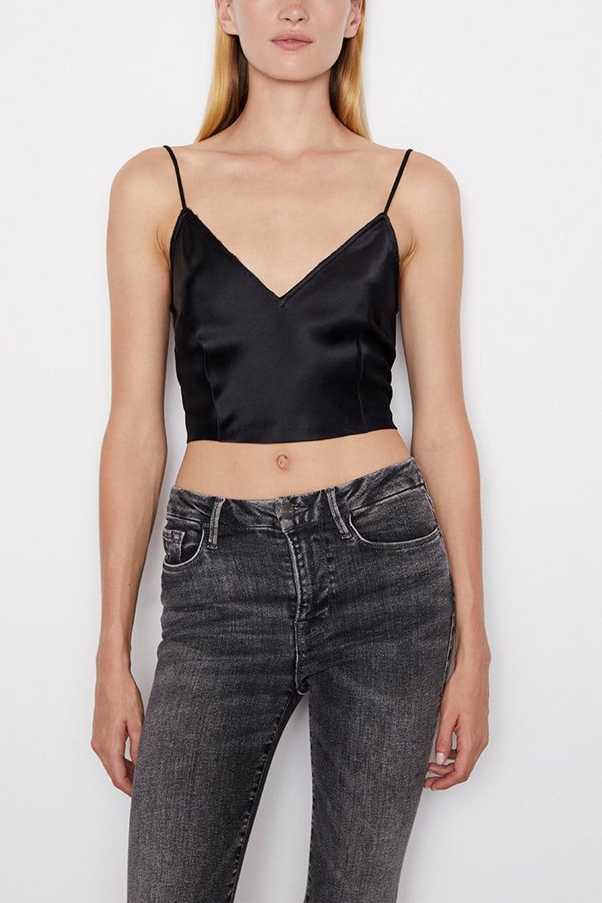 Cropped Satin Cami in Noir - shop-olivia.com