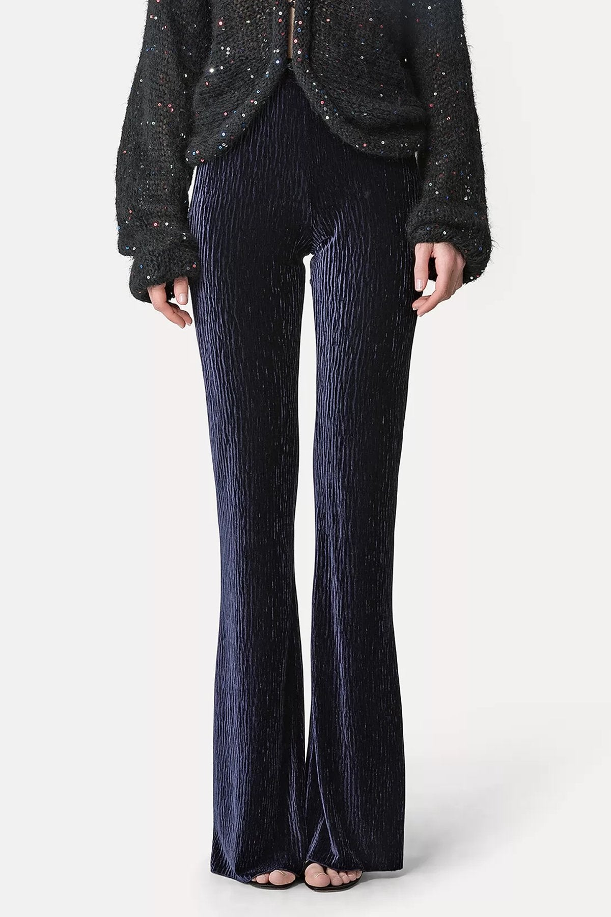 Crushed Velvet Flared Trousers in Night Fall - shop-olivia.com