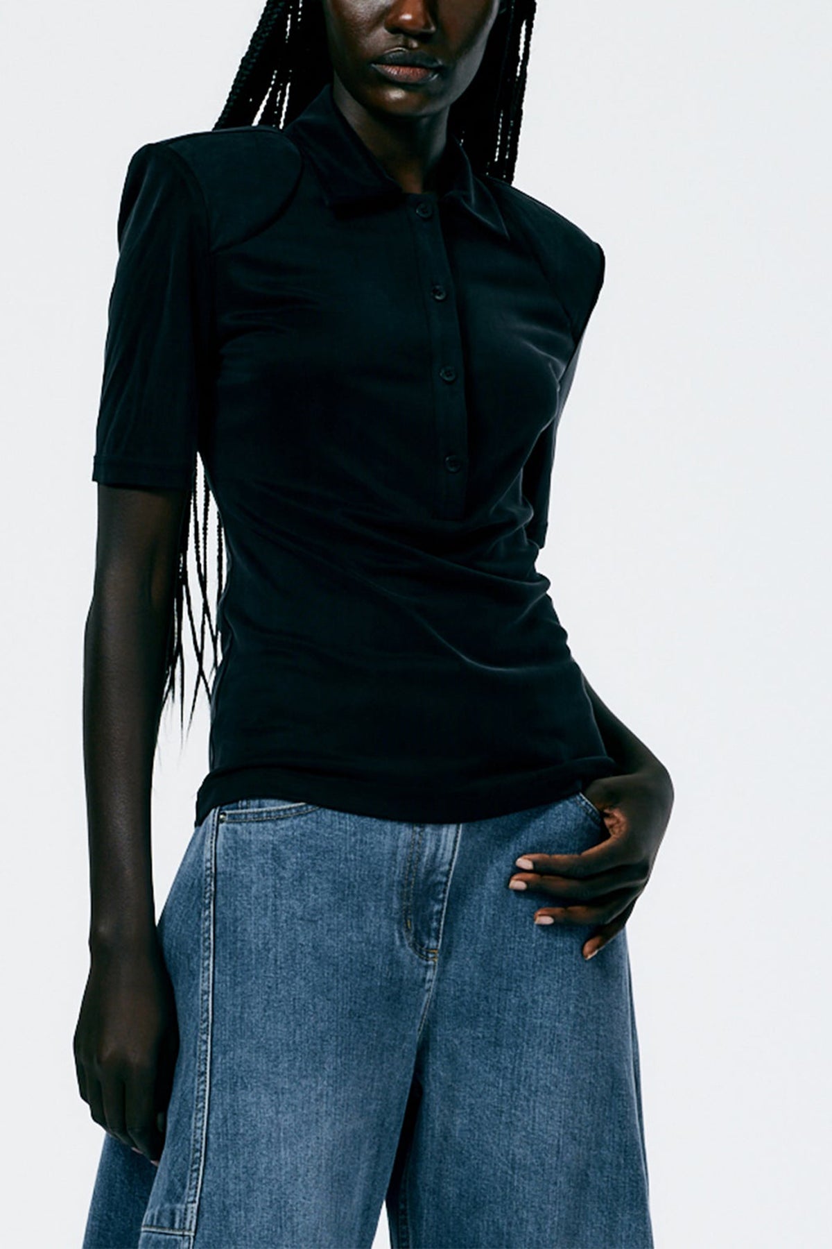 Deeba Cupro Lean Polo Shirt in Black - shop-olivia.com
