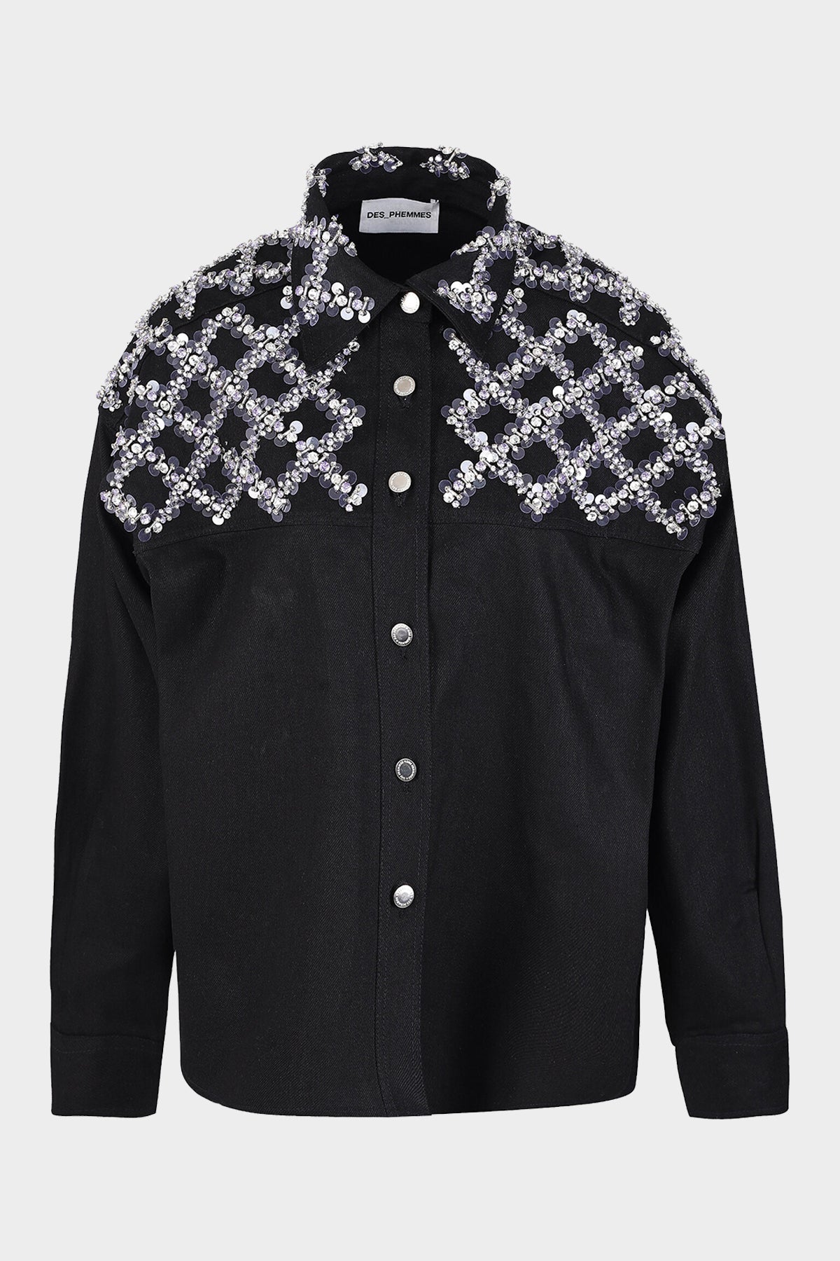 Denim Crystal Embroidered Shirt in Black - shop-olivia.com