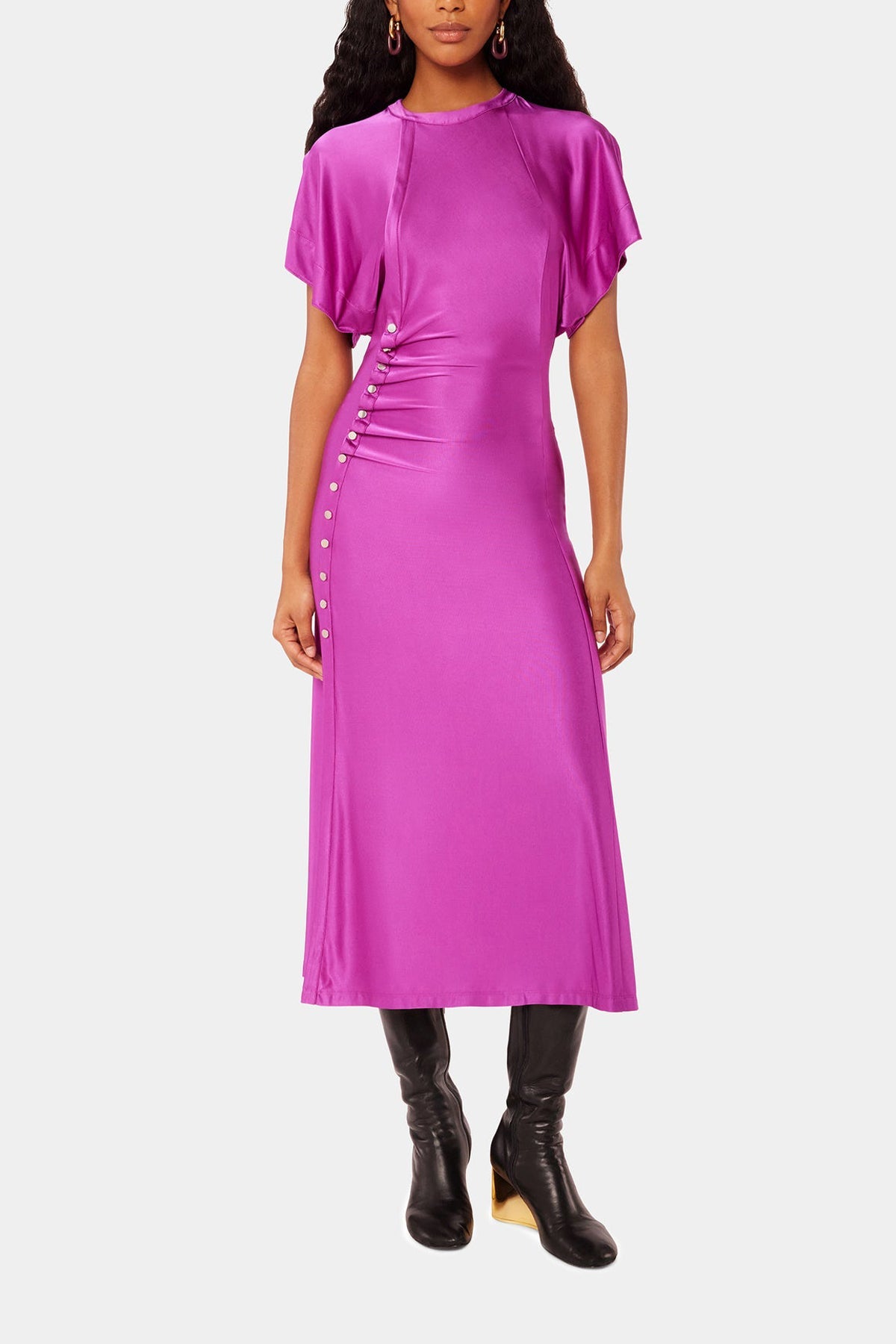 Draped Button Long Dress in Fuschia - shop-olivia.com