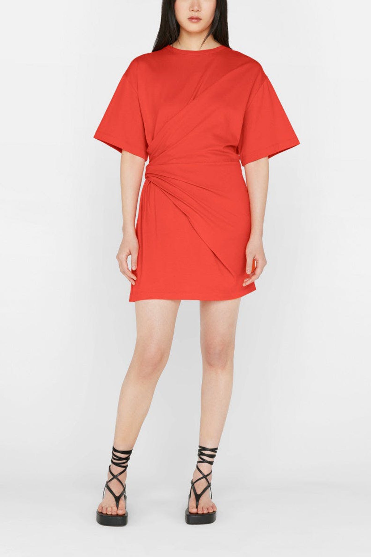 Draped Knit Mini Dress in Red Orange - shop-olivia.com
