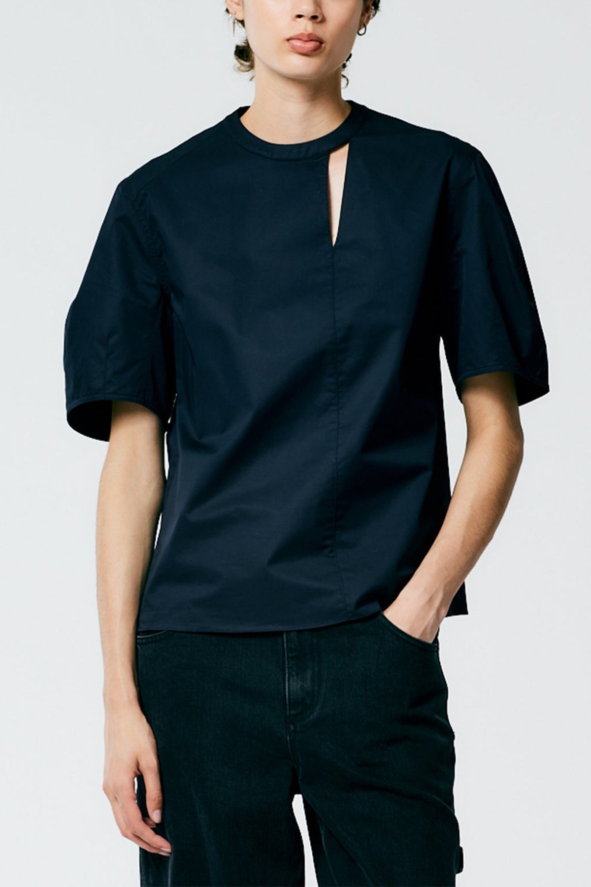 Eco Poplin Sculpted Sleeve Top With Cut Out Detail in Dark Navy - shop-olivia.com