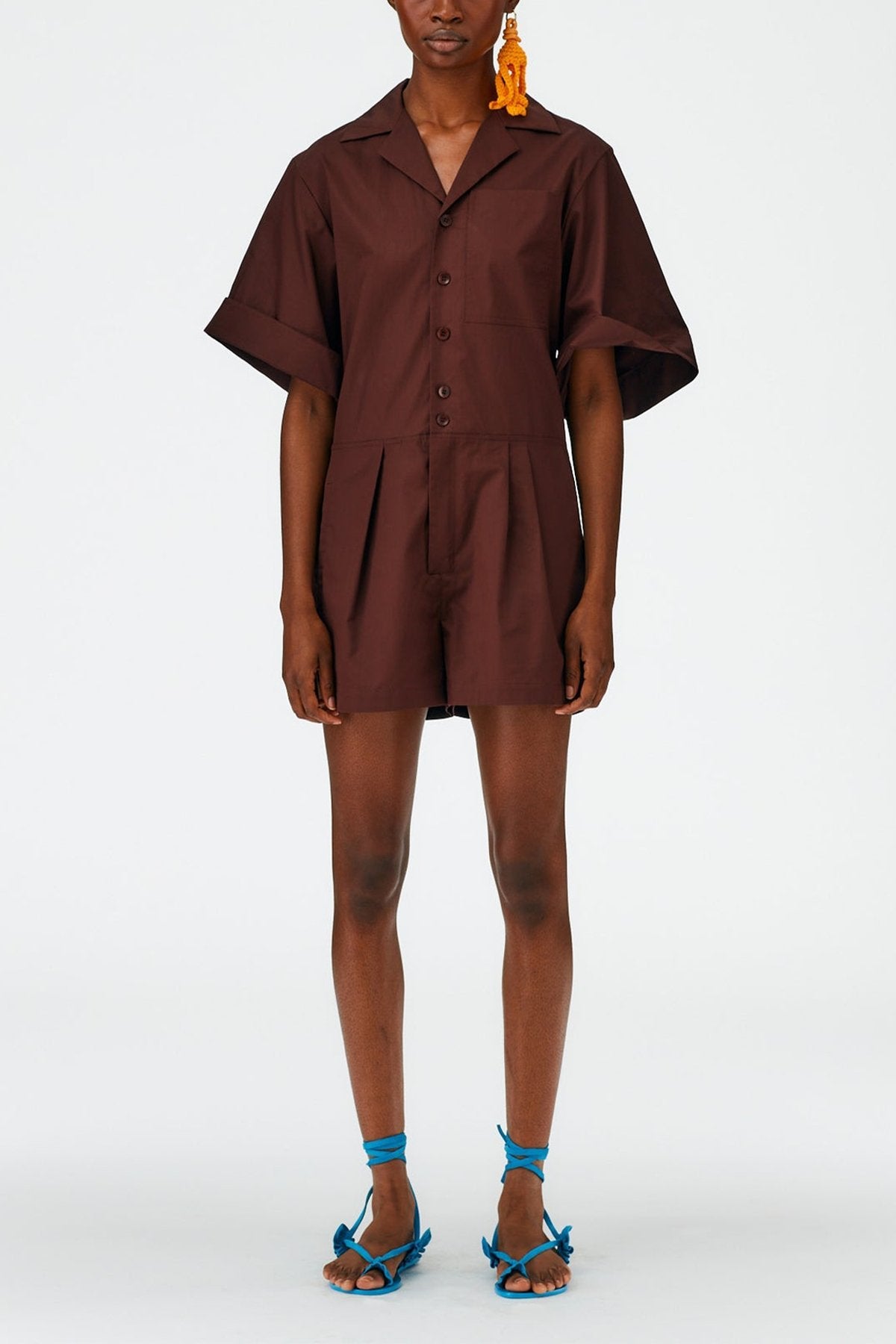 Eco Poplin Short Jumpsuit in Brown - shop-olivia.com