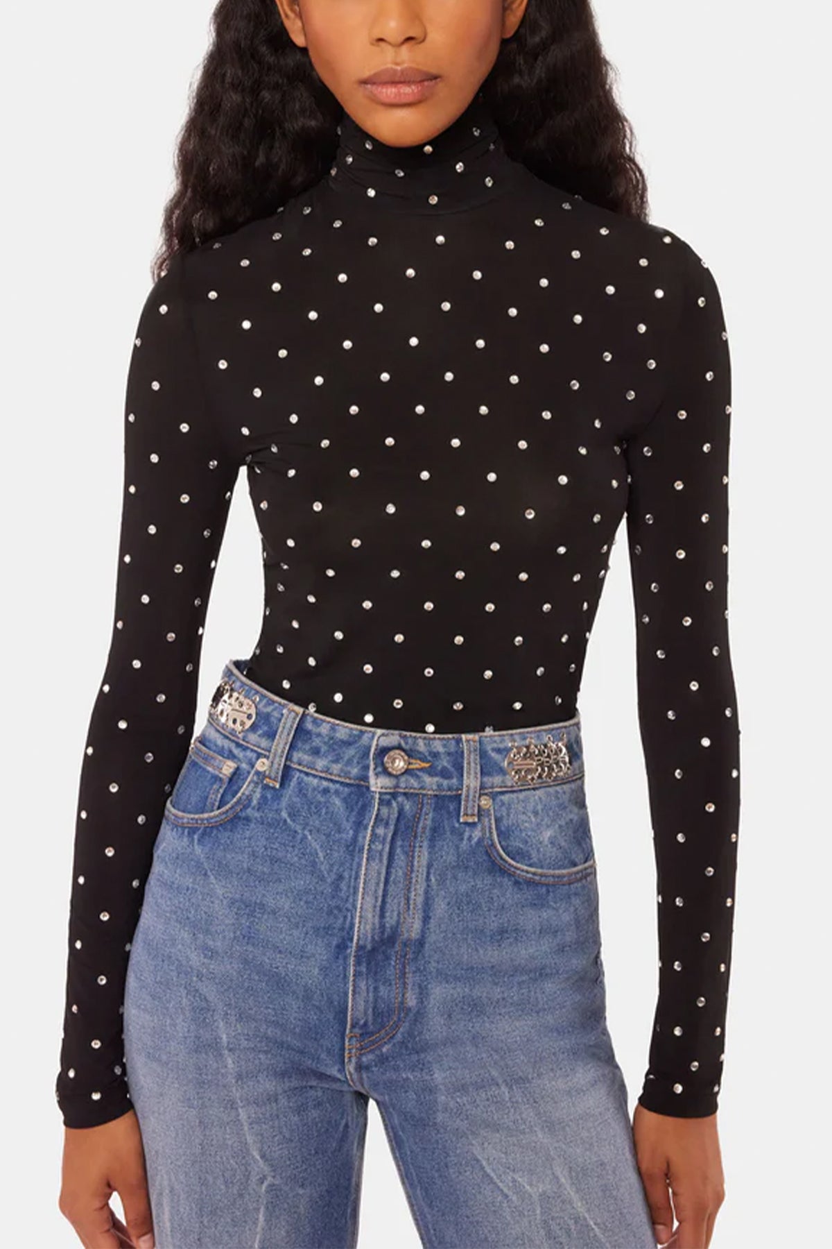 Embellished Jersey Long Sleeve Turtleneck in Black - shop-olivia.com
