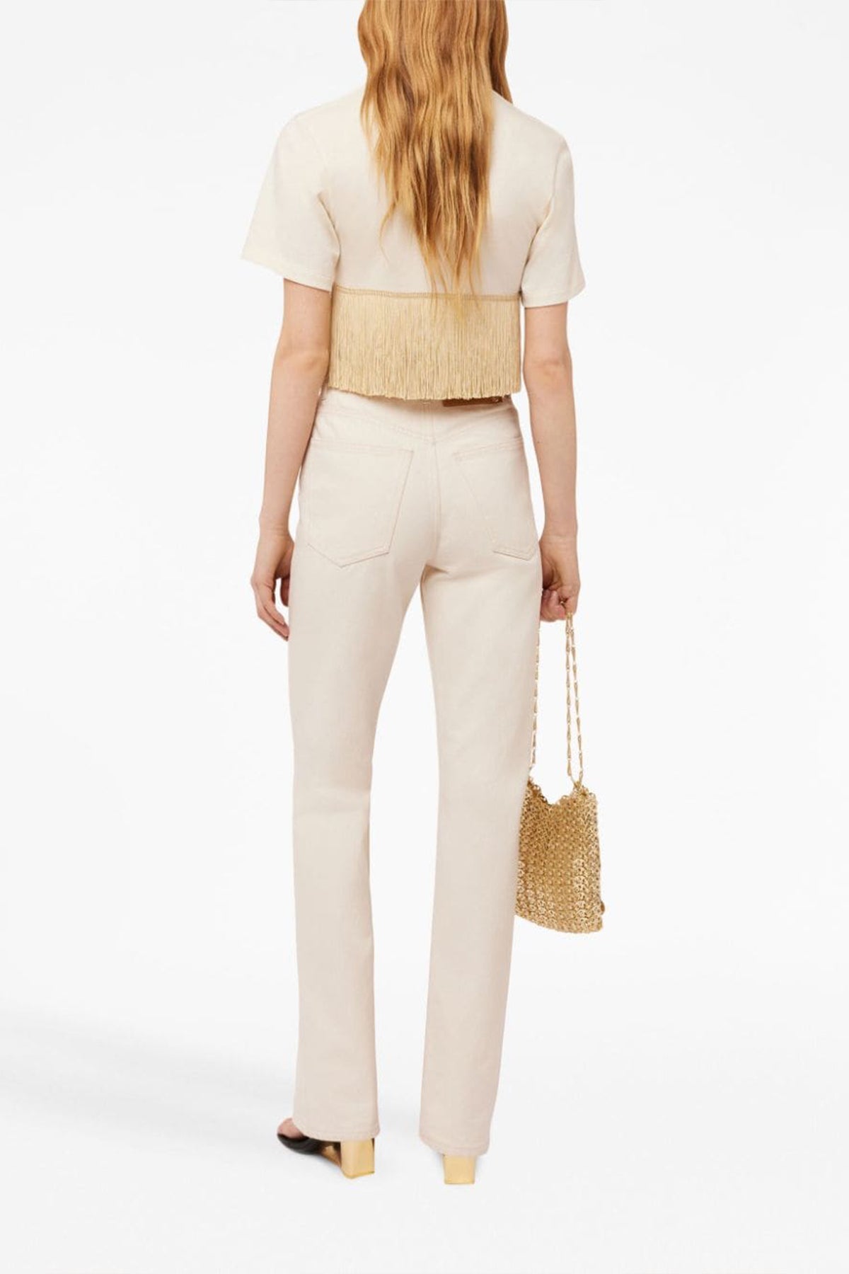 Fringed-Trimmed Cropped T-Shirt in Nude - shop-olivia.com