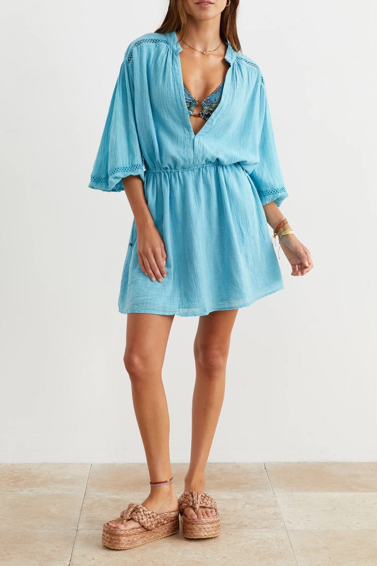 Gauze Mini Dress in Azul - shop-olivia.com
