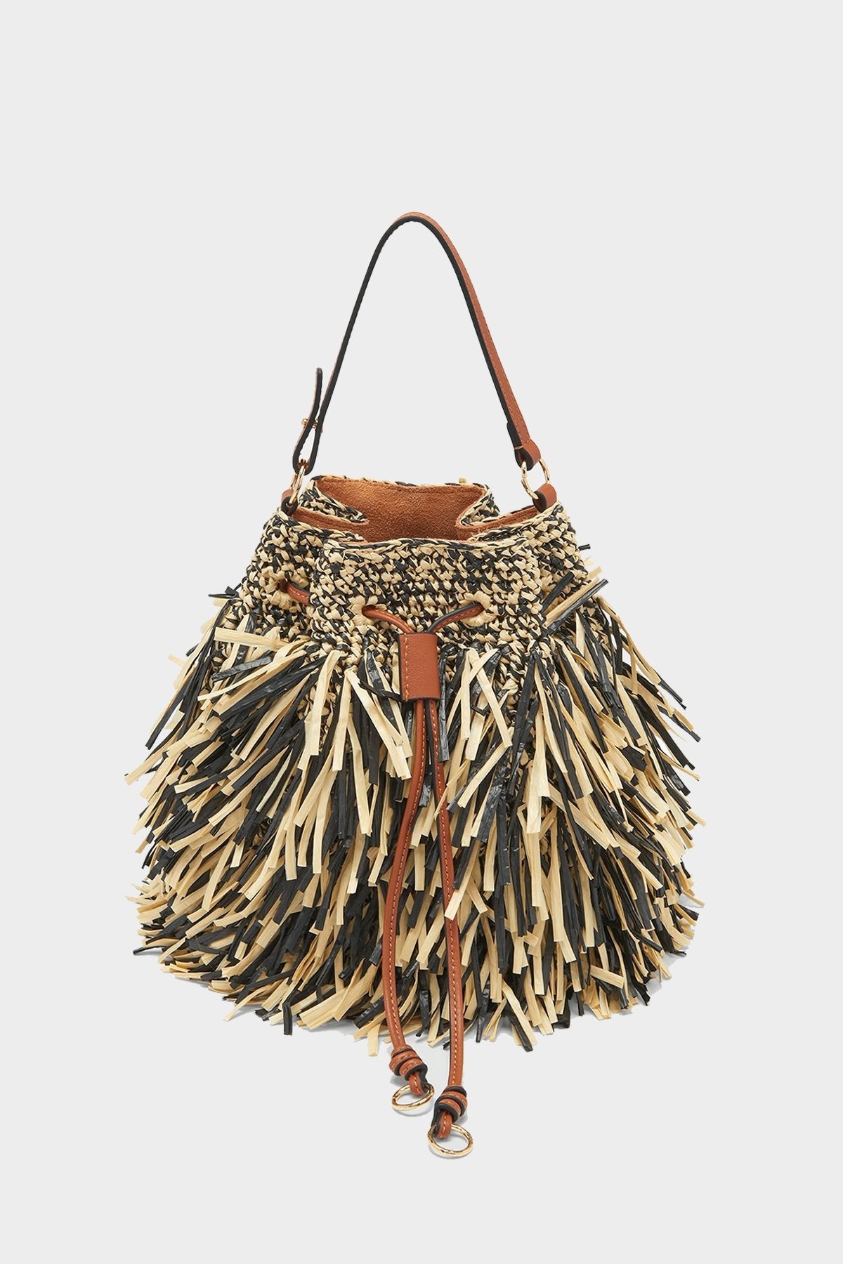 Gigi Fringe Drawstring Bag in Noir Melange - shop-olivia.com